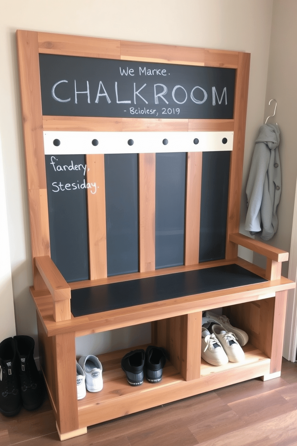 A creative mudroom bench features a chalkboard surface, allowing for personalized messages and organization. The bench is crafted from reclaimed wood, with built-in storage underneath for shoes and outdoor gear, creating a functional yet stylish entryway.