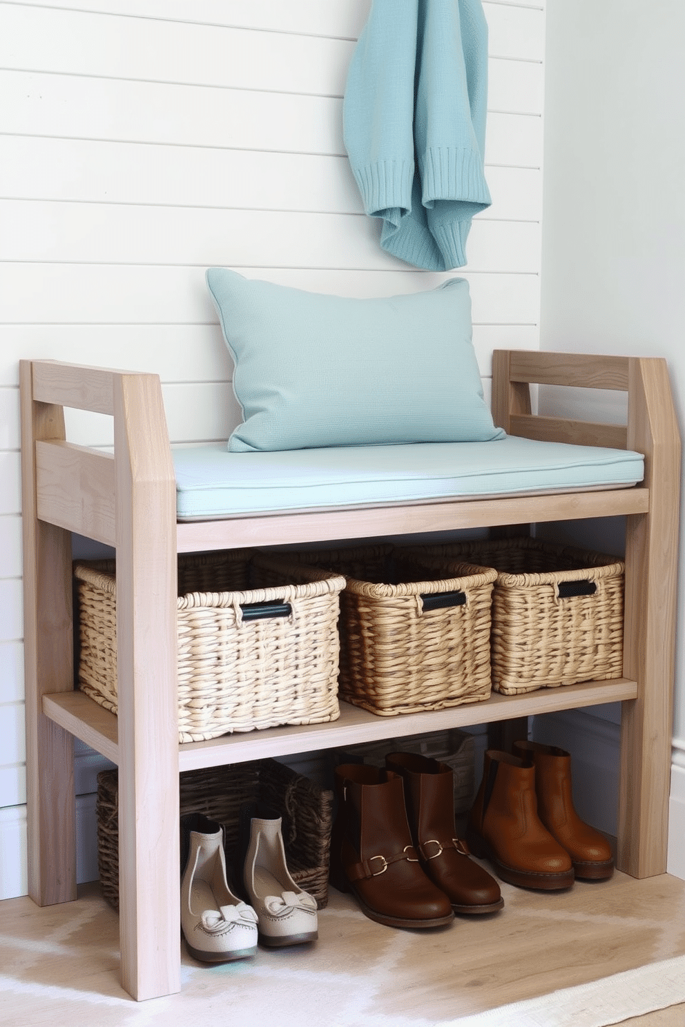 A coastal style mudroom bench features a weathered wood frame with a soft, cushioned seat in a light blue fabric. Below the bench, woven baskets are neatly arranged, providing ample storage for shoes and outdoor gear, while a backdrop of shiplap walls enhances the beachy aesthetic.