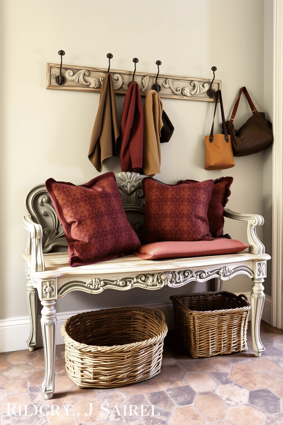 A vintage bench with ornate detailing, featuring intricate carvings and a weathered finish, is positioned against a backdrop of soft, muted colors. The bench is adorned with plush, patterned cushions in rich hues, inviting comfort and style to the mudroom space. Surrounding the bench are hooks for hanging coats and bags, crafted from antique brass to complement the vintage aesthetic. The floor is laid with rustic tiles, and a woven basket sits underneath the bench, adding a touch of warmth and practicality to the design.