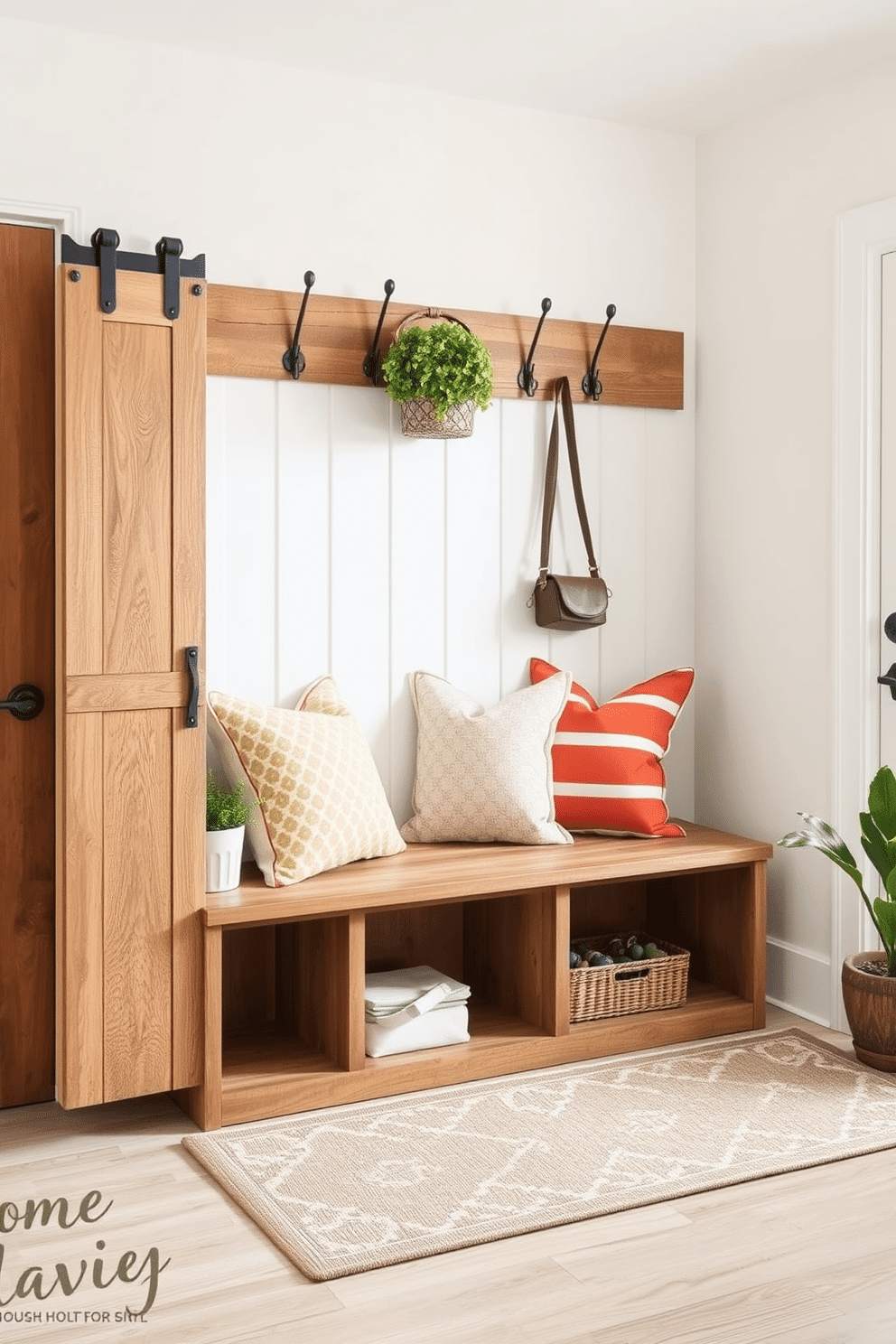 A rustic farmhouse bench sits against the wall, featuring sliding barn doors that open to reveal ample storage space. The bench is crafted from reclaimed wood, showcasing its natural grain, and is adorned with colorful throw pillows for added comfort. The mudroom area is bright and inviting, with a patterned rug beneath the bench and hooks above for hanging coats and bags. Soft, neutral tones dominate the space, complemented by potted plants that add a touch of greenery.