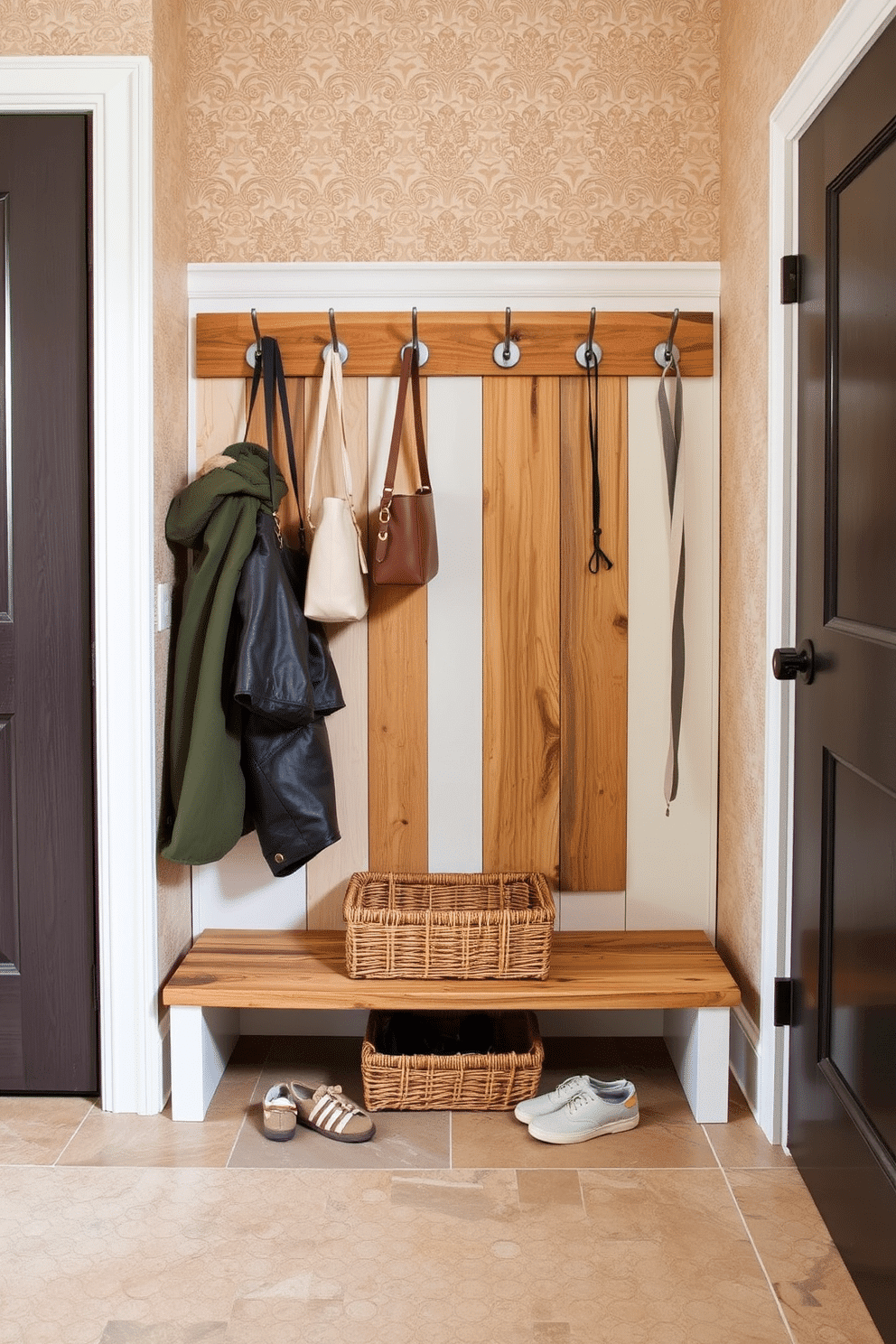 A stylish mudroom features a wall-mounted bench crafted from reclaimed wood, providing a rustic yet modern appeal. Above the bench, a set of sleek metal hooks is installed for hanging coats and bags, complemented by a backdrop of patterned wallpaper in soft earth tones. The floor is adorned with durable, textured tiles that can withstand heavy foot traffic, enhancing both functionality and aesthetics. A woven basket sits beneath the bench, offering a practical storage solution for shoes and outdoor gear.