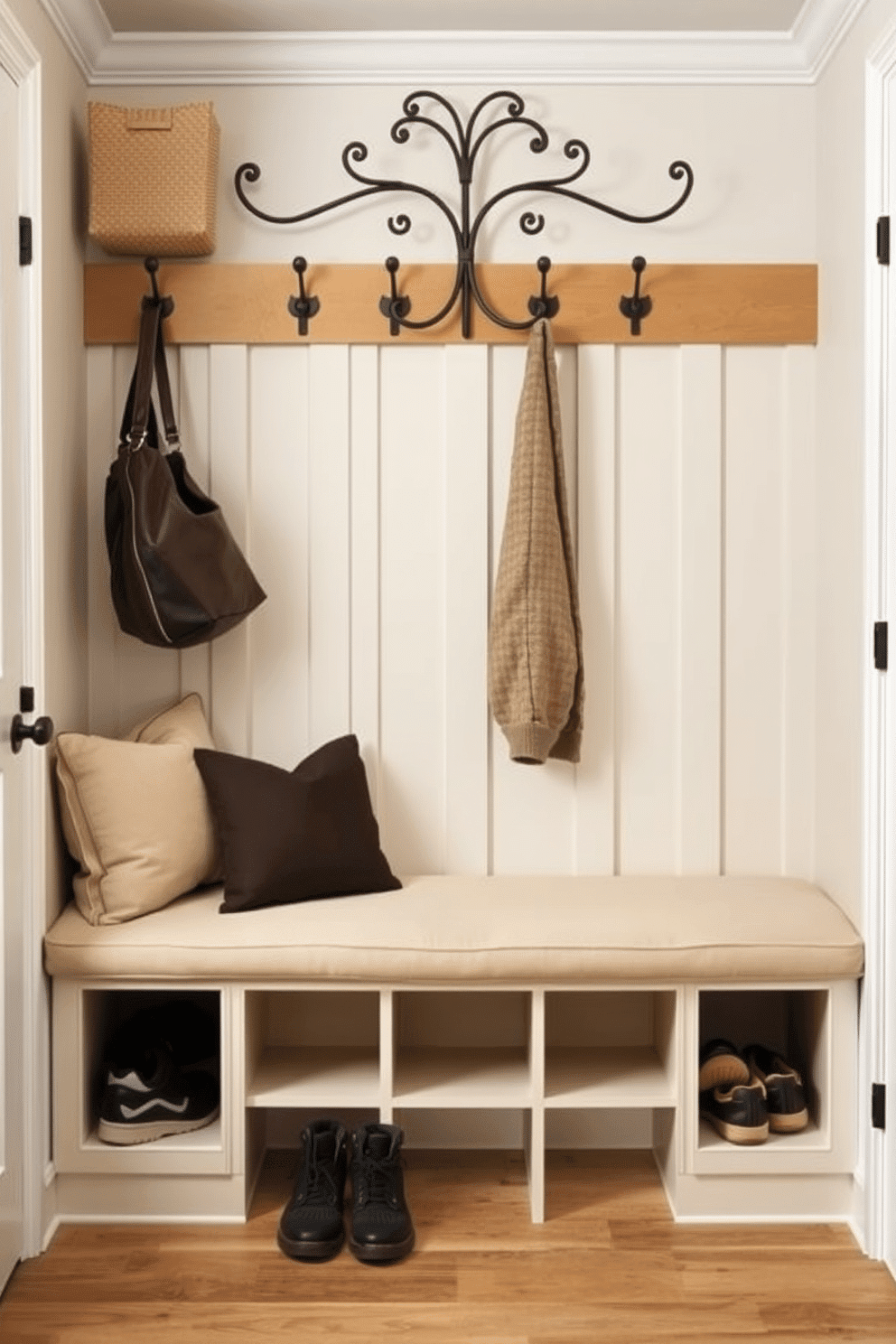 A cozy mudroom features an upholstered bench with soft, durable fabric in a neutral tone, providing a welcoming spot to sit and remove shoes. The bench is framed by built-in storage cubbies, perfect for organizing shoes and outdoor gear, while a stylish coat rack above adds functionality and charm.