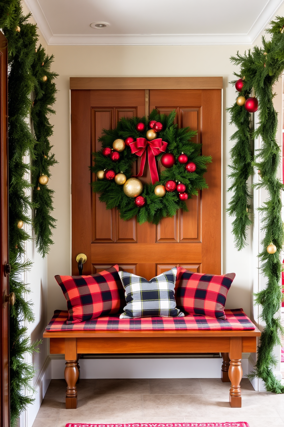 A festive wreath adorned with red and gold ornaments hangs on the mudroom door, welcoming guests with holiday cheer. The mudroom features a cozy bench with plaid cushions, and garlands of evergreen drape along the walls, creating a warm and inviting atmosphere.