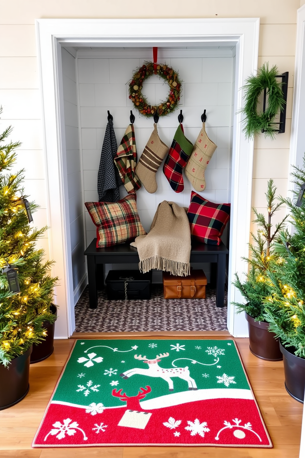 A festive holiday-themed doormat greets guests at the entrance, featuring a vibrant design of snowflakes and reindeer. Flanking the doormat, potted evergreen trees adorned with twinkling lights create a warm and inviting atmosphere. Inside the mudroom, a cozy bench is decorated with plaid throw pillows and a knitted blanket in holiday colors. Stockings hang from hooks on the wall, while a wreath made of pinecones and berries adds a seasonal touch above the bench.