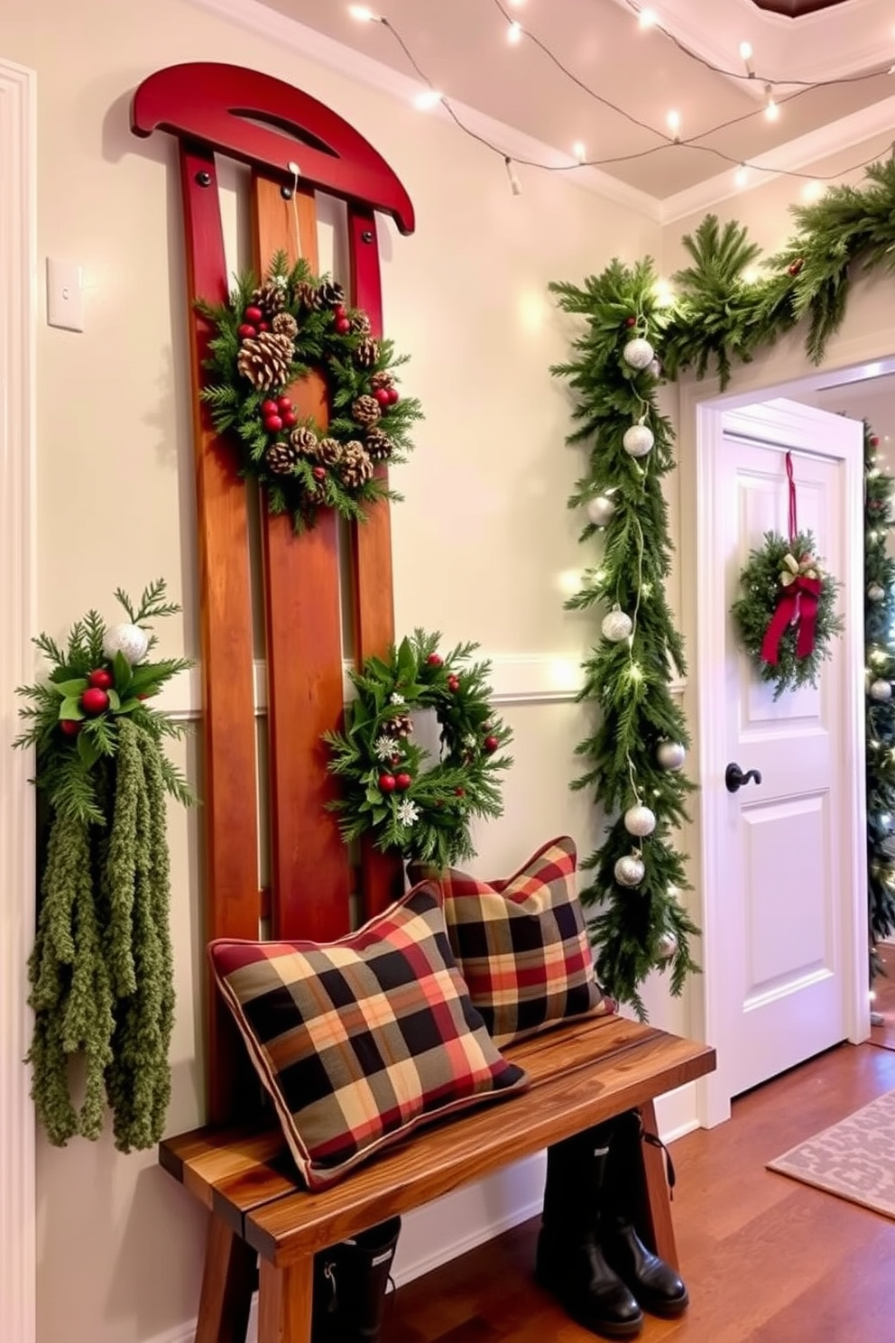 A vintage sled is mounted on the wall, adorned with a festive wreath made of pinecones and red berries. Below the sled, a rustic bench with plaid cushions provides a cozy spot for putting on winter boots. The mudroom is decorated with string lights draped across the ceiling, creating a warm and inviting atmosphere. Festive garlands of evergreen and twinkling ornaments hang along the walls, enhancing the holiday spirit.