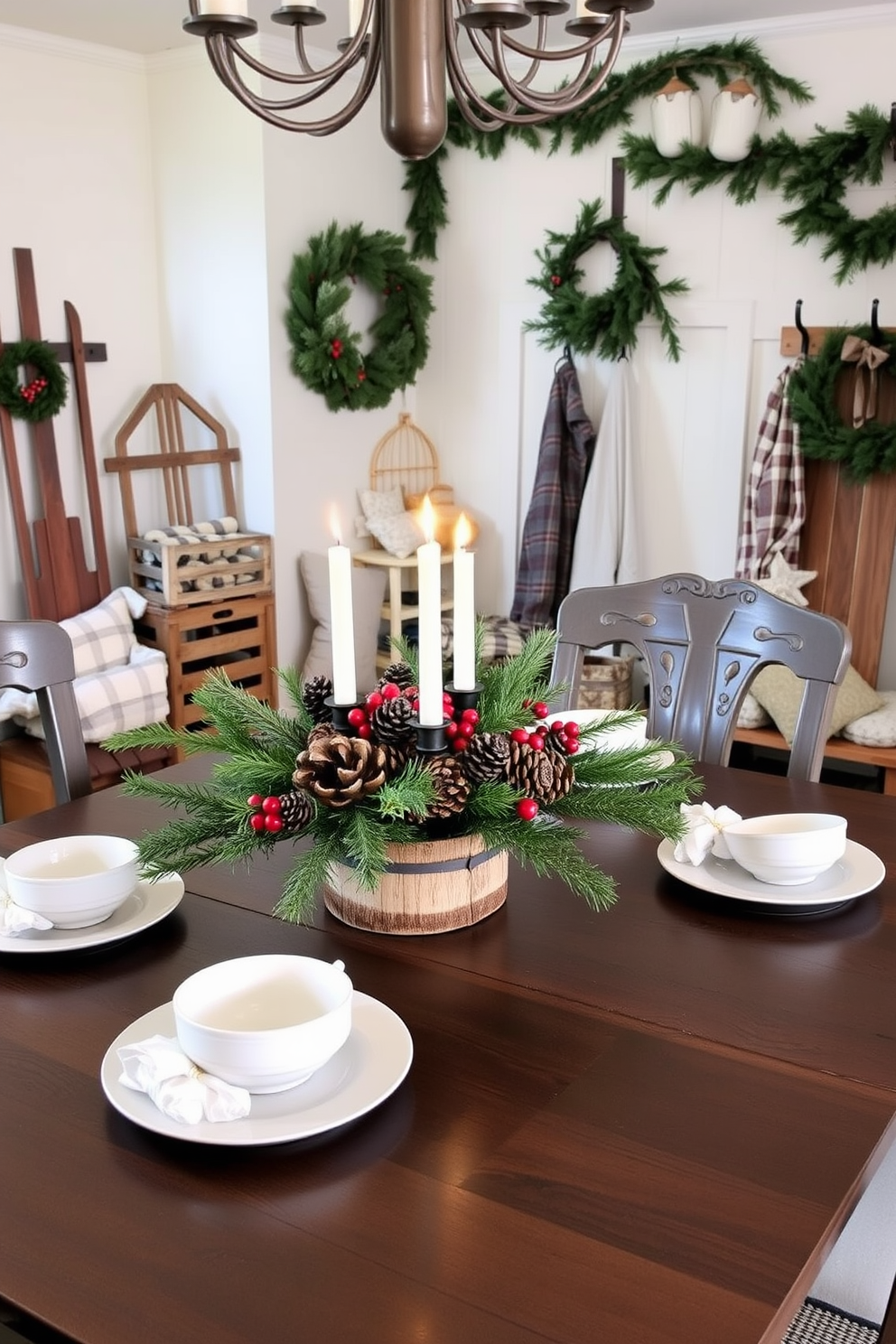 A charming dining table adorned with a pinecone and berry centerpiece, featuring a rustic wooden base and elegant white tableware. The centerpiece is complemented by sprigs of evergreen and soft, warm candlelight that enhances the festive atmosphere. A cozy mudroom decorated for Christmas, showcasing a mix of vintage sleds and wooden crates filled with blankets. The walls are adorned with wreaths made of pine branches, and a festive garland drapes over the coat hooks, creating a welcoming holiday entrance.