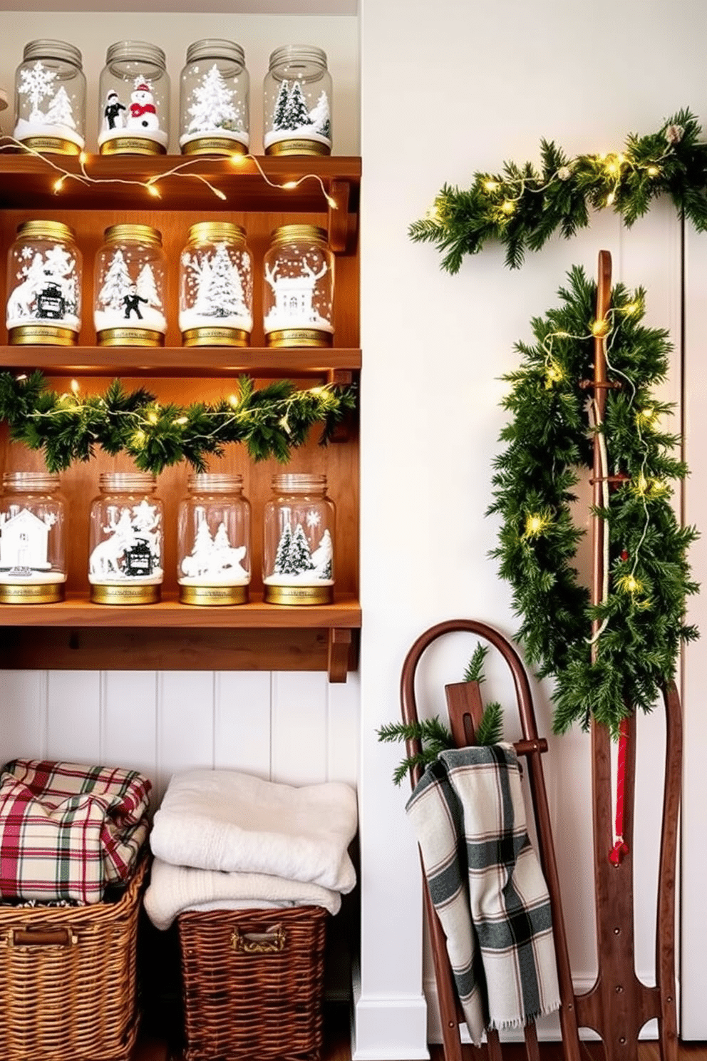 A collection of mason jar snow globes sits elegantly on wooden shelves, each jar filled with shimmering snow and miniature holiday scenes. The shelves are adorned with twinkling fairy lights, creating a warm and inviting atmosphere that captures the essence of winter. The mudroom is transformed into a festive space with Christmas decorations, featuring a garland of greenery draped over the entryway. Cozy blankets are neatly folded in a wicker basket, and a vintage sled leans against the wall, adding a charming touch to the holiday decor.