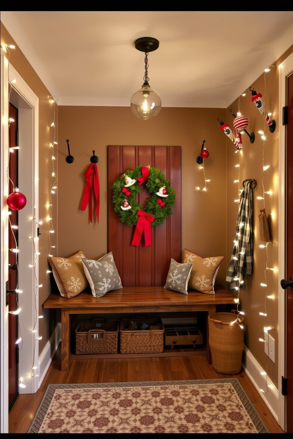 A cozy mudroom adorned with festive hanging ornaments from ceiling hooks. The space features a rustic wooden bench, surrounded by snowflake-patterned cushions and a vibrant holiday wreath on the door. The walls are painted a warm taupe, and the floor is covered with a durable, patterned rug. Twinkling fairy lights are draped along the hooks, creating a cheerful and inviting atmosphere perfect for the holiday season.