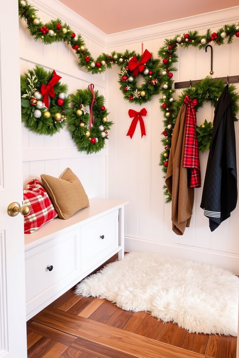 A cozy mudroom adorned with a plush faux fur rug that adds warmth and texture to the space. The walls are decorated with festive Christmas wreaths and colorful garlands, creating a cheerful holiday atmosphere.