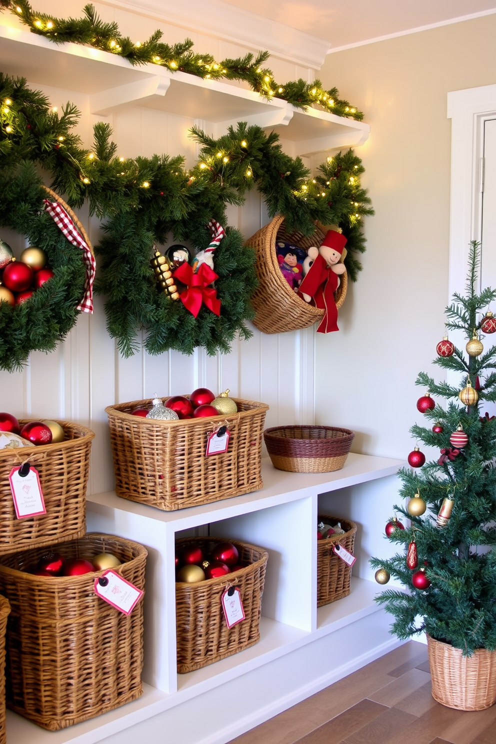 A cozy mudroom decorated for Christmas features woven baskets filled with festive ornaments and seasonal greenery. The walls are adorned with garlands of pine and twinkling fairy lights, creating a warm and inviting atmosphere. Each basket is labeled with a charming holiday tag, adding a personal touch to the organization. A small evergreen tree stands in the corner, decorated with red and gold accents, enhancing the festive spirit of the space.