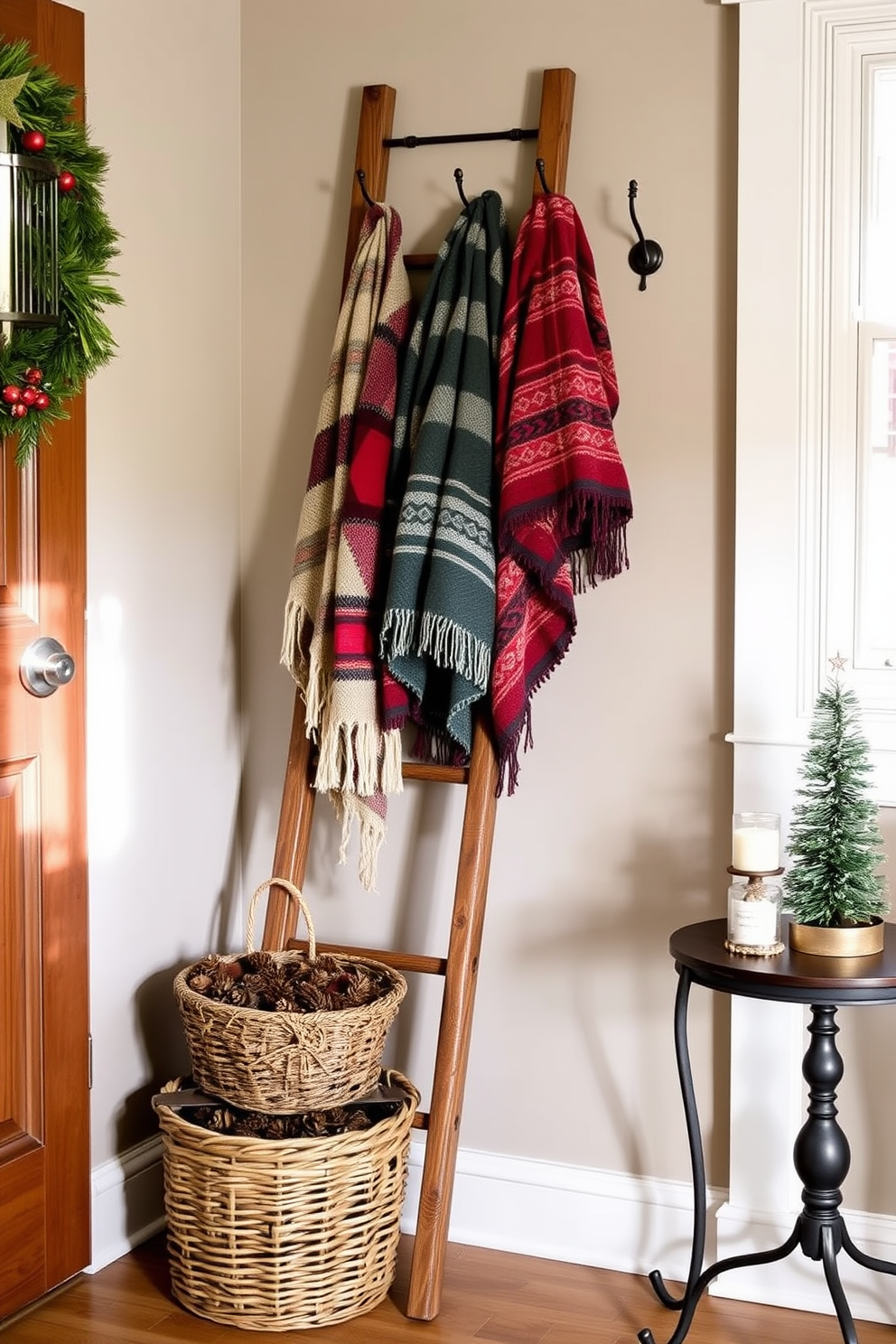 A decorative ladder leans against the wall in a cozy mudroom, adorned with an assortment of colorful holiday blankets draped artfully over its rungs. The space features rustic wooden hooks for hanging winter coats, and a woven basket filled with pinecones sits at the base, adding a festive touch. In the corner, a small table displays a charming arrangement of holiday-themed decor, including a scented candle and a miniature Christmas tree. Soft, ambient lighting creates a warm atmosphere, inviting guests to relax and enjoy the seasonal charm of the space.