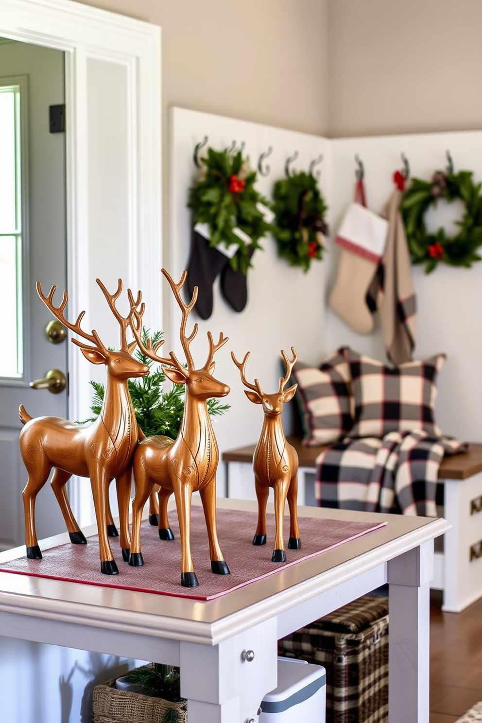 A charming entryway table adorned with elegant reindeer figurines, each crafted from polished wood with intricate detailing. The table is topped with a festive runner, and a small evergreen arrangement with twinkling fairy lights adds a warm glow to the space. The mudroom is transformed into a winter wonderland with a cozy bench draped in a plaid throw. Stockings hang from hooks on the wall, and decorative wreaths made of pine and berries bring a touch of holiday cheer to the room.