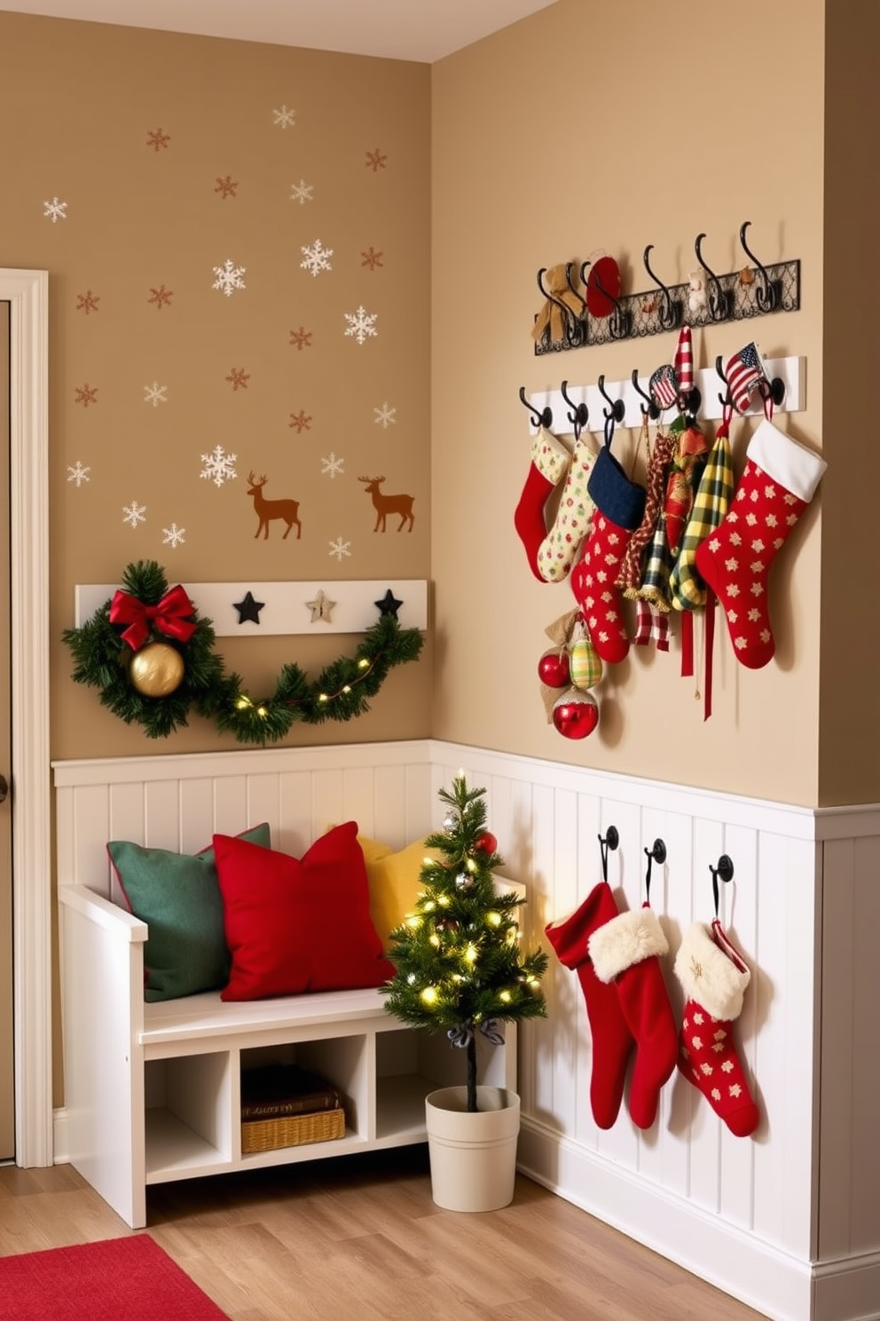 Festive wall decals featuring playful holiday motifs like snowflakes and reindeer create a cheerful atmosphere in the mudroom. The decals are complemented by a cozy bench adorned with colorful throw pillows and a festive garland draped along the wall. To enhance the Christmas spirit, a collection of decorative hooks displays vibrant stockings and winter accessories. A small tree, decorated with twinkling lights and ornaments, adds a warm glow to the space, inviting guests to feel the holiday cheer.