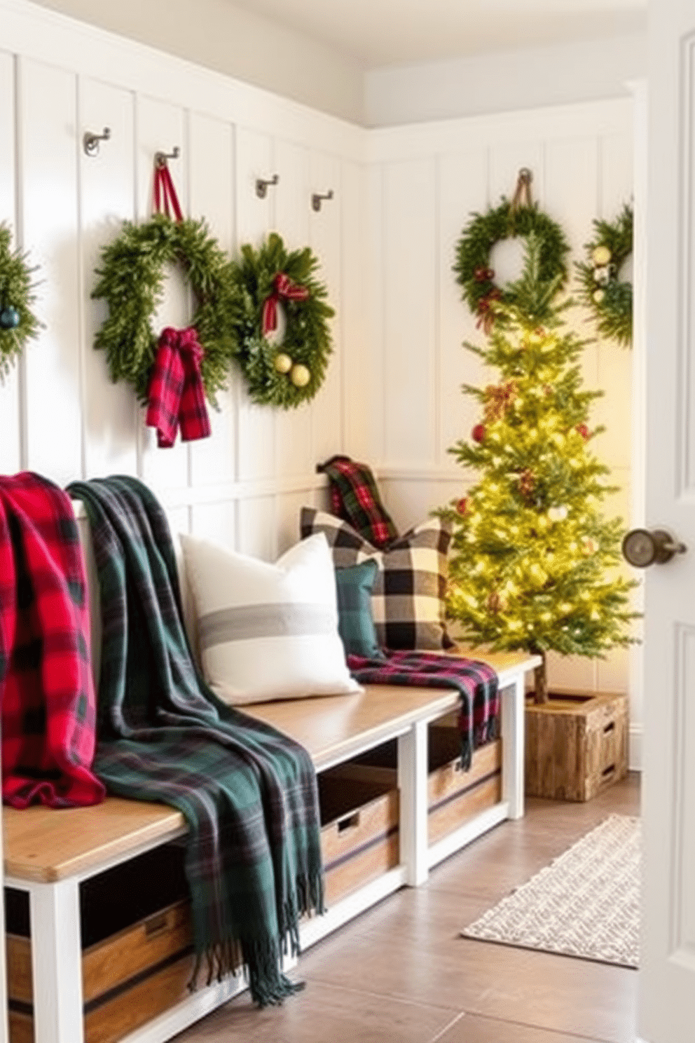 A cozy mudroom adorned for Christmas features benches draped with soft plaid throw blankets in rich reds and greens. The walls are decorated with festive wreaths, and a small tree adorned with twinkling lights stands in the corner, creating a warm and inviting atmosphere.