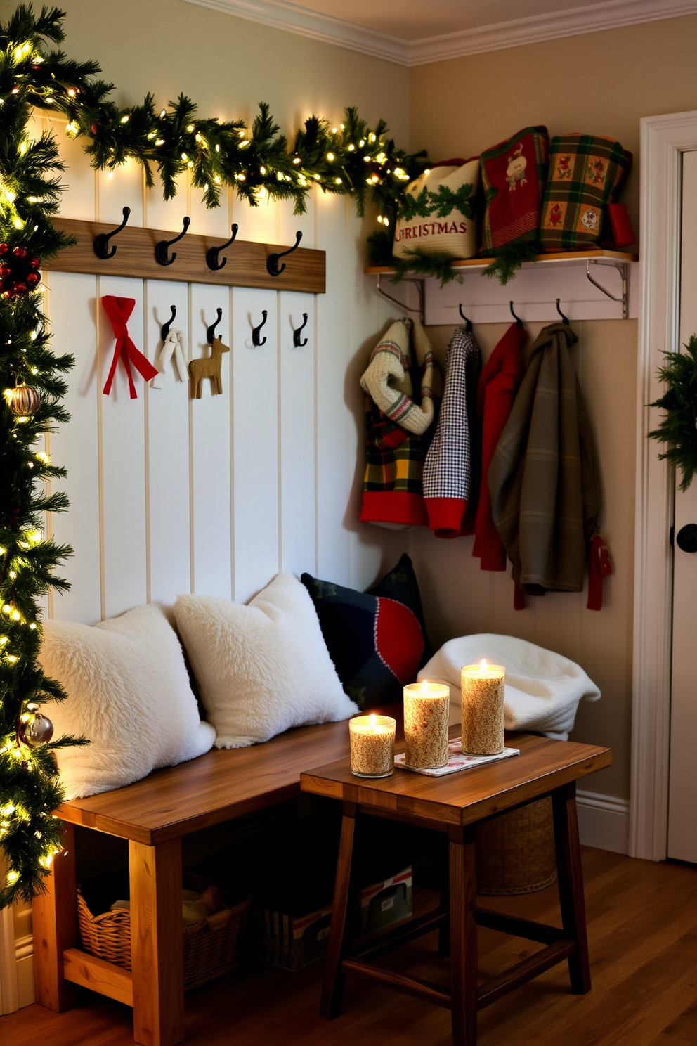 A warm and inviting mudroom adorned for the Christmas season. The space features a rustic wooden bench with plush cushions, surrounded by festive garlands and twinkling fairy lights. On the wall, a series of hooks display colorful holiday-themed outerwear, while a woven basket holds cozy blankets. A small table is topped with scented candles in festive holders, adding a soothing aroma to the cheerful decor.