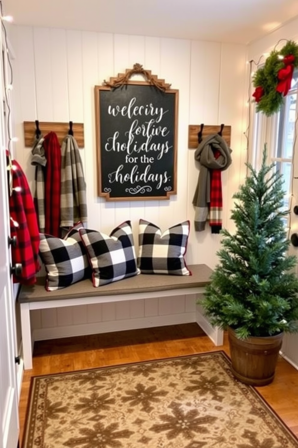 A charming mudroom adorned for the holidays features a large chalkboard sign with festive greetings written in elegant white script. Surrounding the sign are rustic hooks for coats and scarves, and a cozy bench piled with plaid throw pillows adds warmth to the space. The floor is covered with a durable, patterned rug that complements the winter theme, while a small evergreen tree in a decorative pot brings a touch of nature indoors. Twinkling string lights are draped along the walls, creating a welcoming atmosphere for guests during the holiday season.