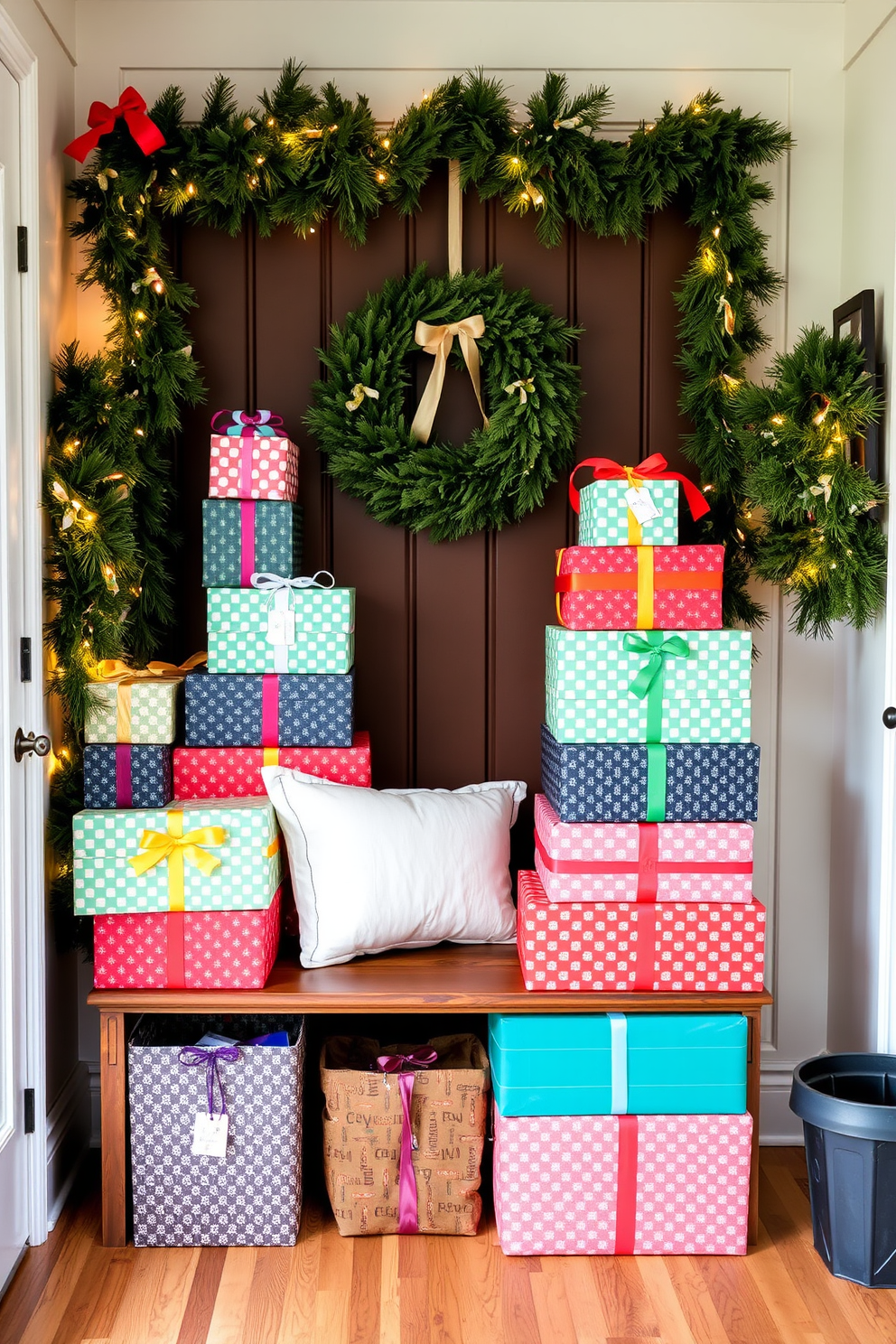 Colorful gift-wrapped boxes are stacked artfully in a cozy mudroom, creating a festive and inviting atmosphere. The boxes are adorned with vibrant ribbons and tags, adding a cheerful touch to the space. The mudroom features a rustic wooden bench with plush cushions, surrounded by seasonal decorations like pine garlands and twinkling fairy lights. A wreath made of fresh greenery hangs on the door, completing the warm, holiday-inspired look.