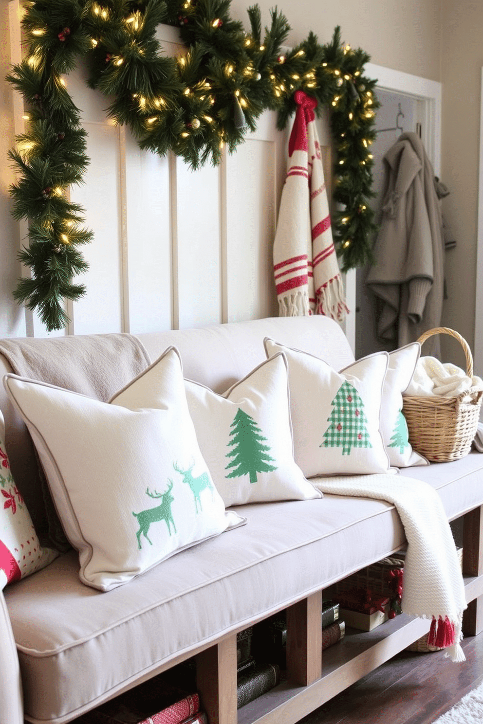 Seasonal throw pillows with holiday motifs. The pillows feature a mix of festive colors and patterns, including snowflakes, reindeer, and Christmas trees, adding a cozy touch to the living room sofa. Mudroom Christmas decorating ideas. The mudroom is adorned with garlands and twinkling lights, while a rustic bench is topped with a collection of holiday-themed cushions and a woven basket filled with cozy blankets.