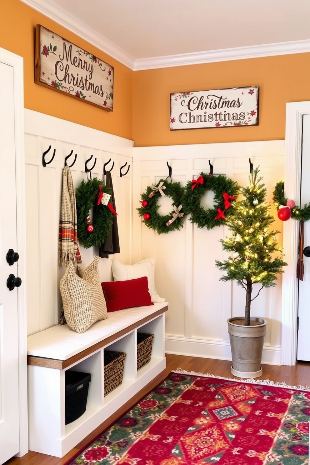 A cozy mudroom adorned with wooden signs featuring festive Christmas quotes. The walls are painted in a warm, inviting color, and a bench with plush cushions sits against one side, surrounded by holiday-themed decor. Decorative wreaths hang on the hooks, and a small tree is placed in the corner, twinkling with fairy lights. The floor is covered with a colorful, patterned rug that adds a cheerful touch to the space.