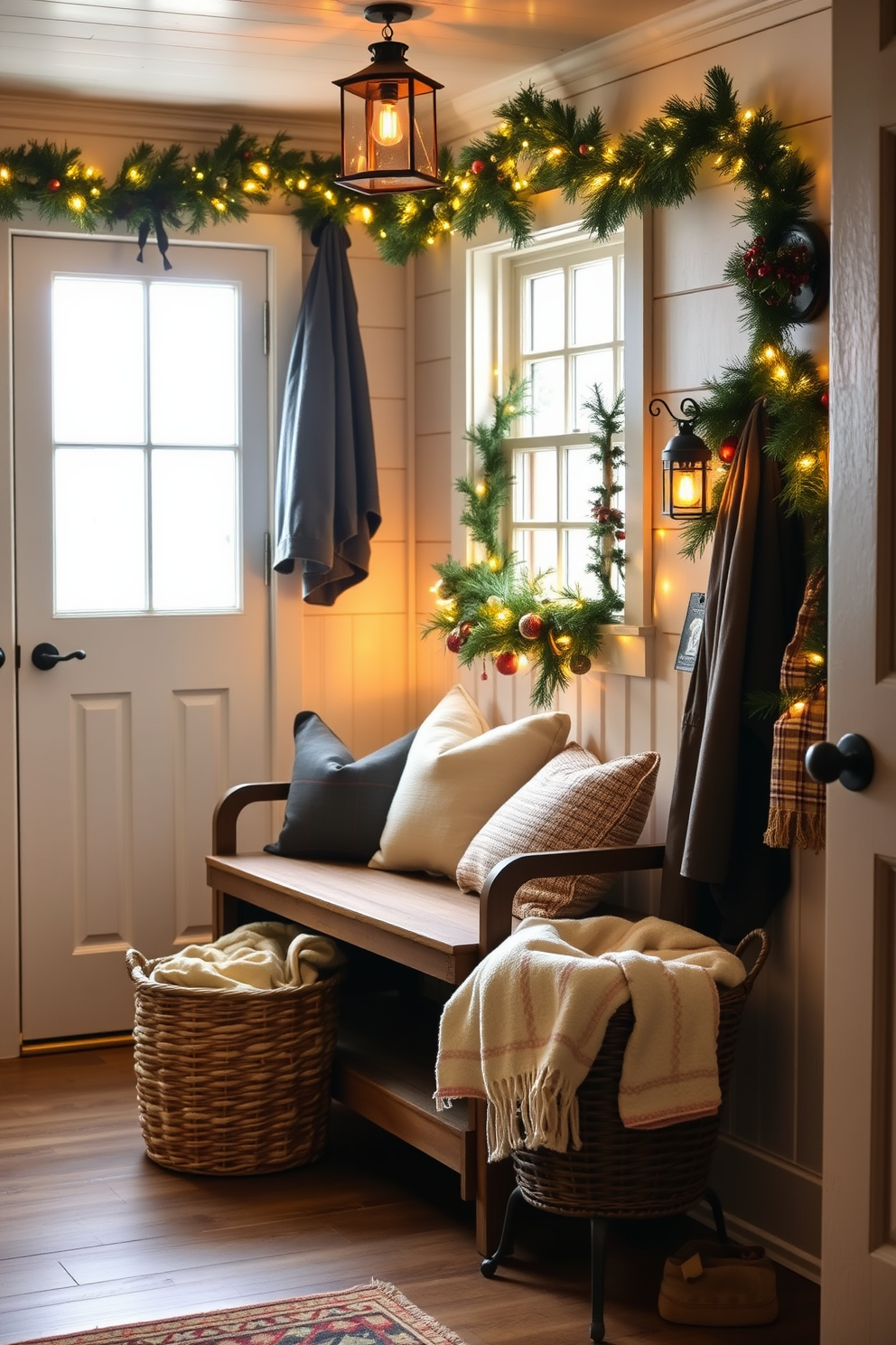 A cozy mudroom adorned with decorated lanterns casting a warm, inviting glow. The walls are lined with hooks for coats, and a rustic bench is placed beneath a window, surrounded by festive garlands and Christmas ornaments. Incorporate a mix of greenery and twinkling fairy lights to enhance the holiday spirit. A woven basket filled with cozy blankets sits next to the entrance, adding both charm and functionality to the space.