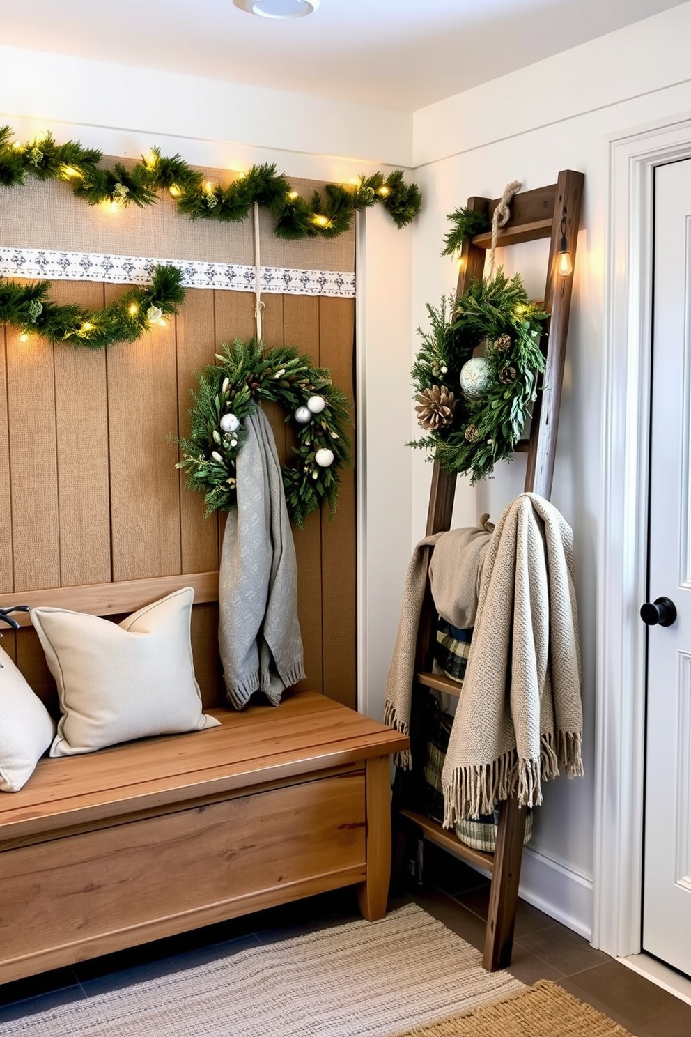 A cozy mudroom adorned with burlap and lace accents, featuring a rustic wooden bench with a soft cushion. The walls are decorated with garlands of evergreen and twinkling fairy lights, creating a warm and inviting atmosphere. In one corner, a vintage ladder leans against the wall, draped with cozy blankets and holiday decorations. A festive wreath made of natural elements hangs on the door, welcoming guests into this charming space.