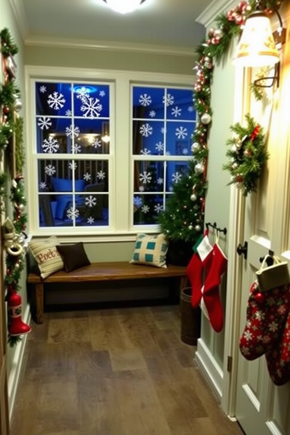 A cozy mudroom adorned for the holidays features snowflake window clings that create a whimsical winter atmosphere. The space is enhanced with a rustic bench, festive garlands draped along the walls, and a collection of colorful Christmas stockings hanging by the door.