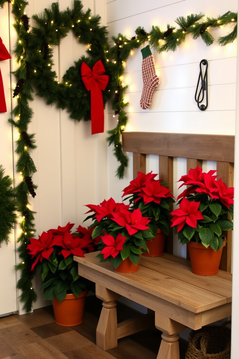 A cozy mudroom adorned for Christmas, featuring potted poinsettias in vibrant red and green hues placed strategically on a rustic wooden bench. The walls are decorated with festive garlands and twinkling fairy lights, creating a warm and inviting atmosphere.