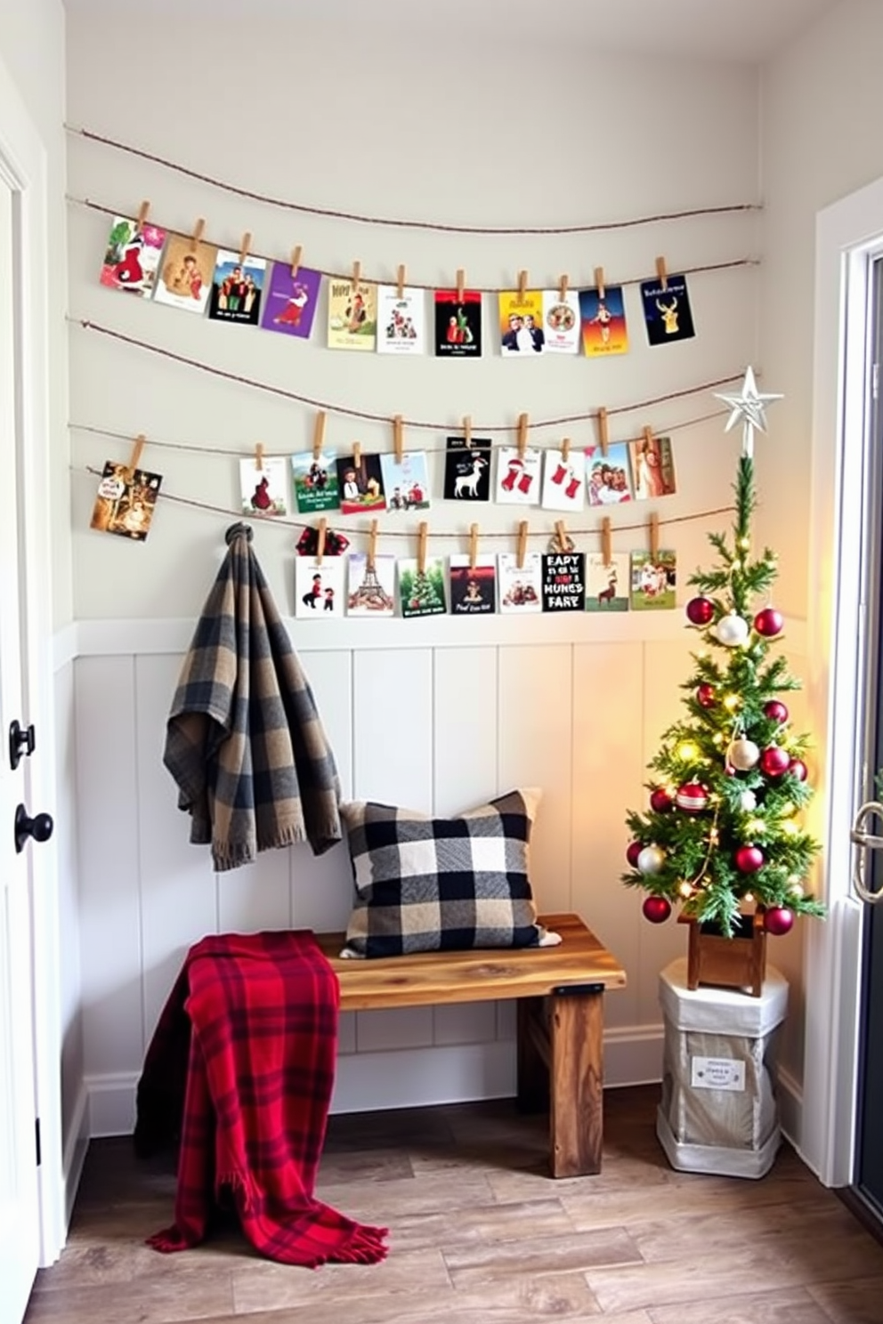 A cozy mudroom adorned for the holidays features twine strung across the wall, displaying an array of colorful Christmas cards. The space is enhanced with a rustic bench, covered in a plaid throw, and a small Christmas tree in the corner, decorated with twinkling lights and ornaments.