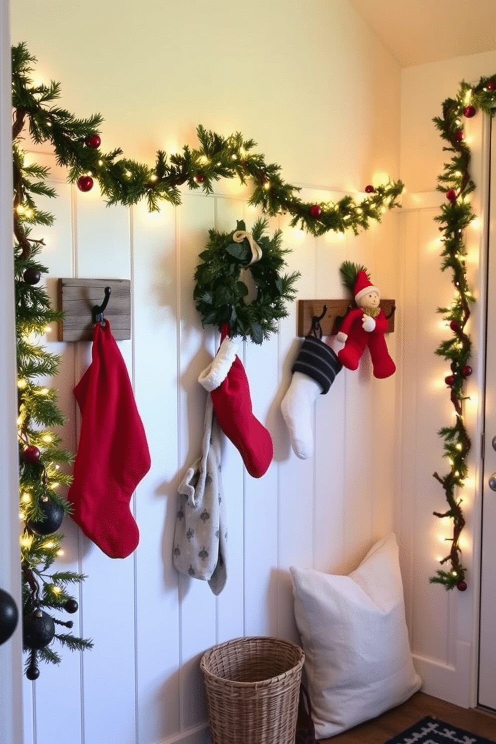 A cozy mudroom decorated for Christmas features stockings hung on rustic coat hooks made of reclaimed wood. The space is adorned with festive garlands and twinkling fairy lights, creating a warm and inviting atmosphere.