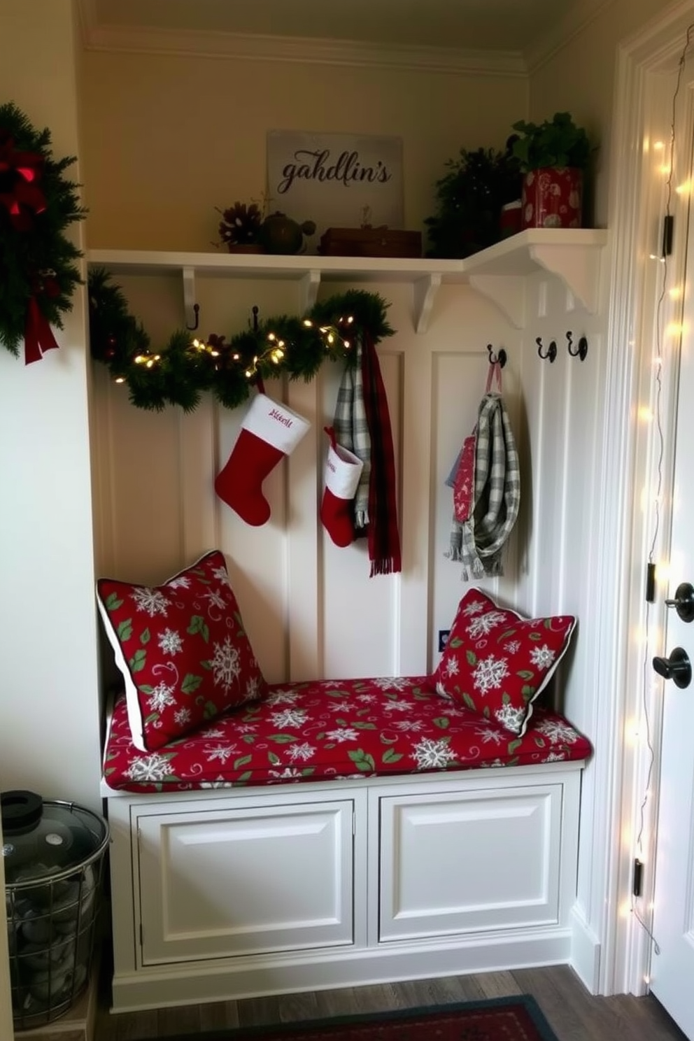 A cozy mudroom adorned for the holidays features bench cushions covered in festive fabric, showcasing a vibrant pattern of snowflakes and holly leaves. The space is enhanced with decorative elements like a garland draped over the bench and a small Christmas tree nestled in the corner, creating a warm and inviting atmosphere. The walls are painted in a soft cream color, providing a neutral backdrop that complements the rich reds and greens of the holiday decor. Stockings hang from hooks near the entrance, and twinkling fairy lights add a magical touch to this seasonal retreat.