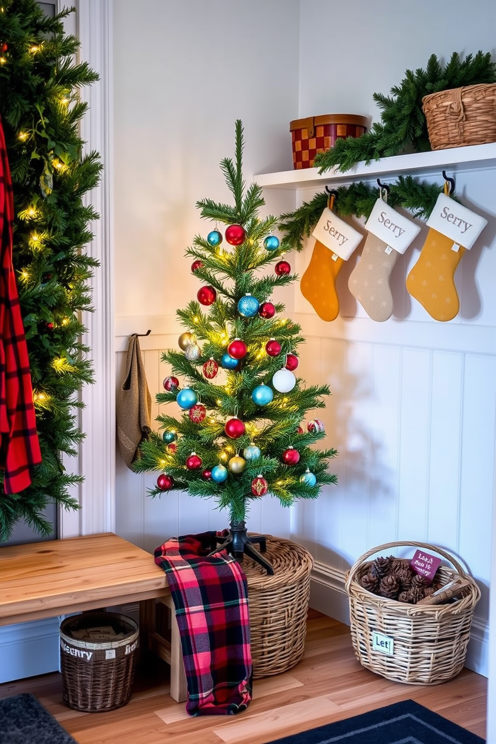 A charming mini Christmas tree nestled in the corner of a cozy mudroom, adorned with twinkling fairy lights and colorful ornaments. The space features a rustic wooden bench, with a plaid throw draped over it, and festive stockings hanging from hooks on the wall. The mudroom is decorated with garlands of evergreen along the shelves, creating a warm and inviting atmosphere. A woven basket filled with pinecones and a small sign that reads 