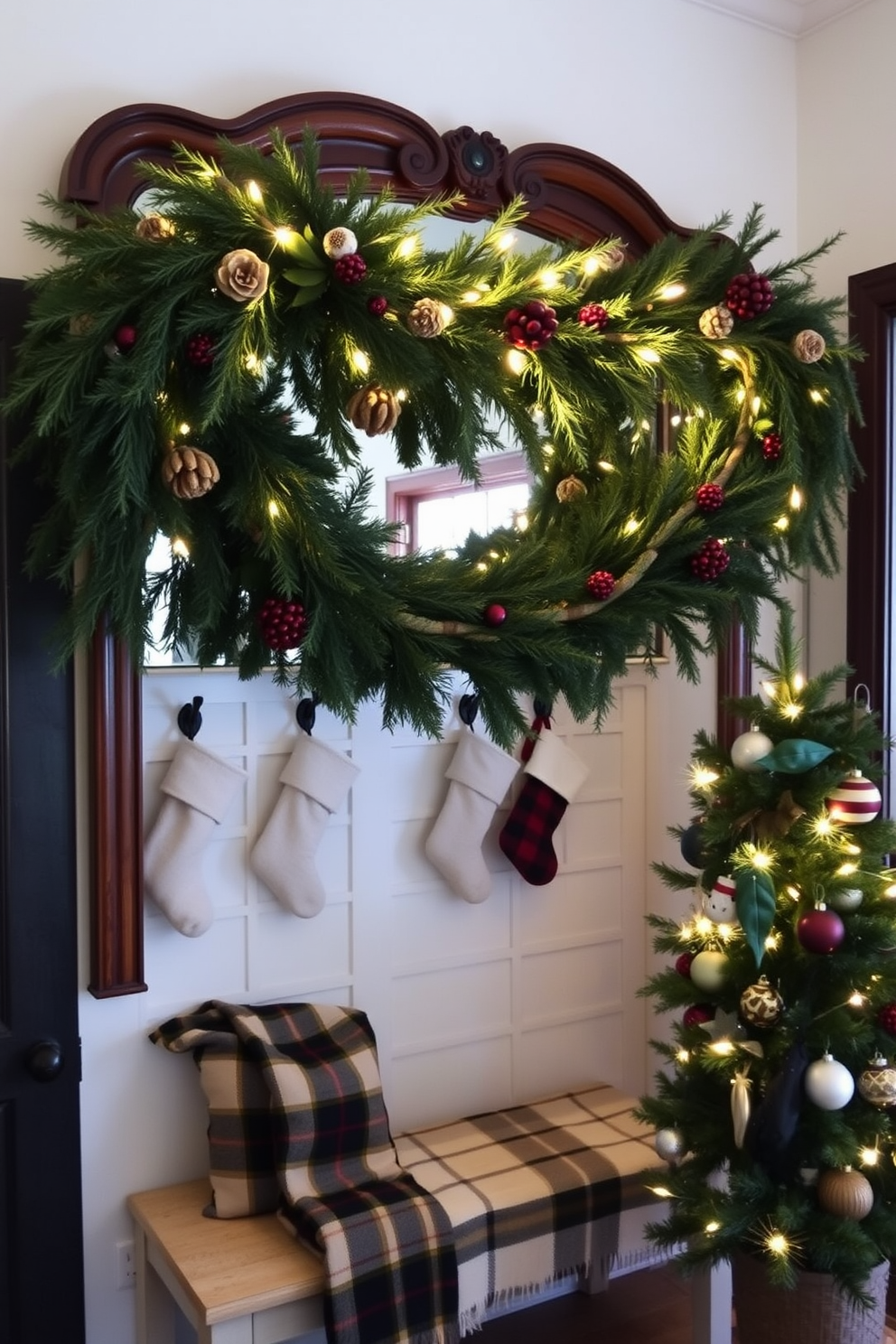 A charming entryway adorned with a large, ornate mirror framed in dark wood, reflecting the soft glow of string lights. A lush garland, rich with evergreen branches, pinecones, and red berries, gracefully drapes over the top, adding a festive touch. The mudroom features a cozy, welcoming atmosphere with a bench covered in a plaid throw blanket. Stockings hang from hooks on the wall, and a small Christmas tree sits in the corner, decorated with rustic ornaments and twinkling lights.