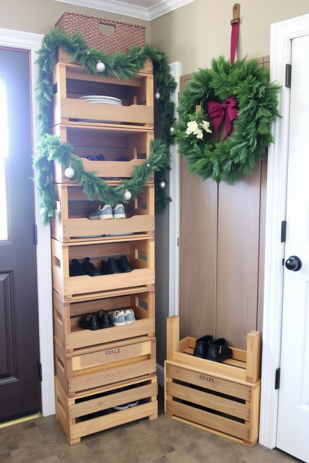 A cozy mudroom features rustic wooden crates stacked neatly against the wall, providing ample storage for shoes and outdoor gear. The space is adorned with festive Christmas decorations, including garlands draped over the crates and a cheerful wreath hanging on the door, creating a warm and inviting atmosphere.