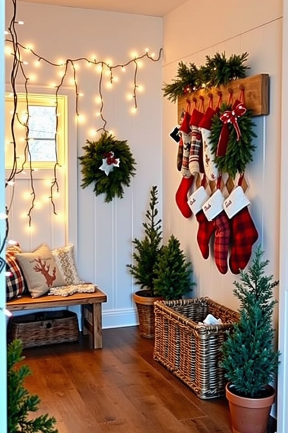 A cozy mudroom adorned with twinkling fairy lights that create a warm, inviting atmosphere. The walls are painted in a soft white, and a rustic wooden bench is placed against one side, decorated with seasonal pillows and a woven basket filled with winter accessories. On the opposite wall, a collection of colorful stockings hangs from a decorative mantle, each filled with festive treats. Potted evergreen plants are placed strategically around the room, adding a touch of greenery and holiday spirit to the space.