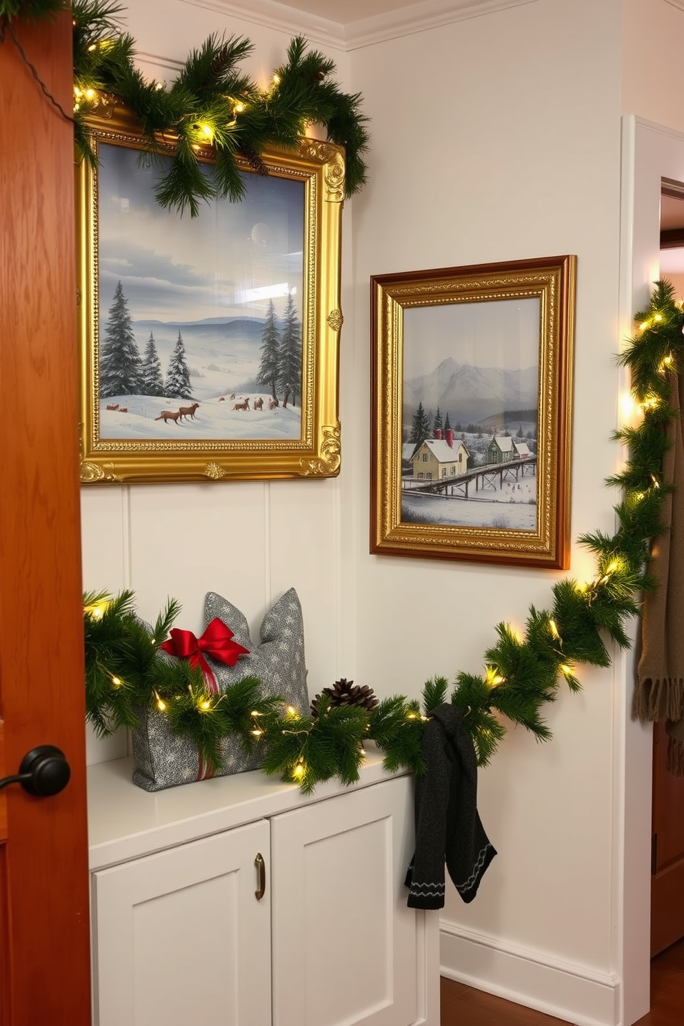 A cozy mudroom decorated for the Christmas season features seasonal artwork displayed in elegant frames, showcasing winter landscapes and festive motifs. The space is adorned with garlands of pine and twinkling fairy lights, creating a warm and inviting atmosphere.