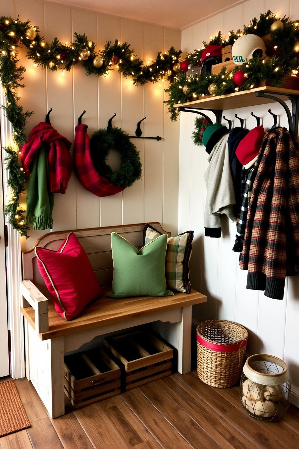 A cozy mudroom decorated for Christmas features a rustic bench adorned with red and green pillows, creating a warm and inviting atmosphere. The walls are adorned with festive garlands and twinkling fairy lights, while a vintage coat rack holds winter jackets and hats, enhancing the holiday spirit.