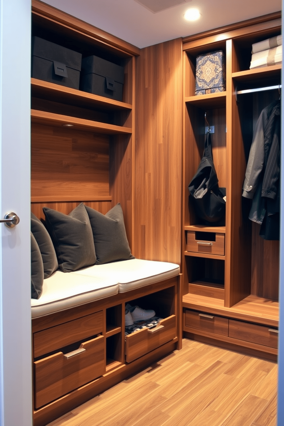 A stylish mudroom features a built-in bench with plush cushions, providing a comfortable spot to sit while putting on shoes. Underneath the bench, ample storage is available with pull-out drawers and cubbies, seamlessly blending functionality with aesthetic appeal. The closet is designed with custom shelving and hooks, maximizing space for coats and accessories. Soft, ambient lighting highlights the warm wood tones and creates an inviting atmosphere.