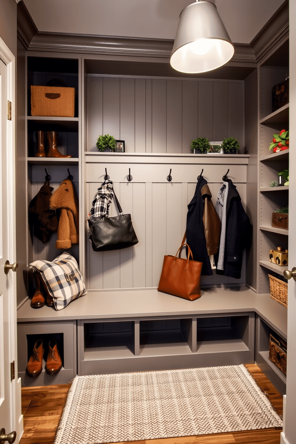 A stylish mudroom closet designed for seasonal storage features built-in shelving that accommodates off-season items like winter coats, boots, and holiday decorations. The closet is painted in a soft gray hue, with a bench for easy seating and hooks above for hanging bags and jackets. The space is illuminated by a modern pendant light, creating a welcoming atmosphere. A textured rug lies beneath the bench, adding warmth and comfort to the entryway.