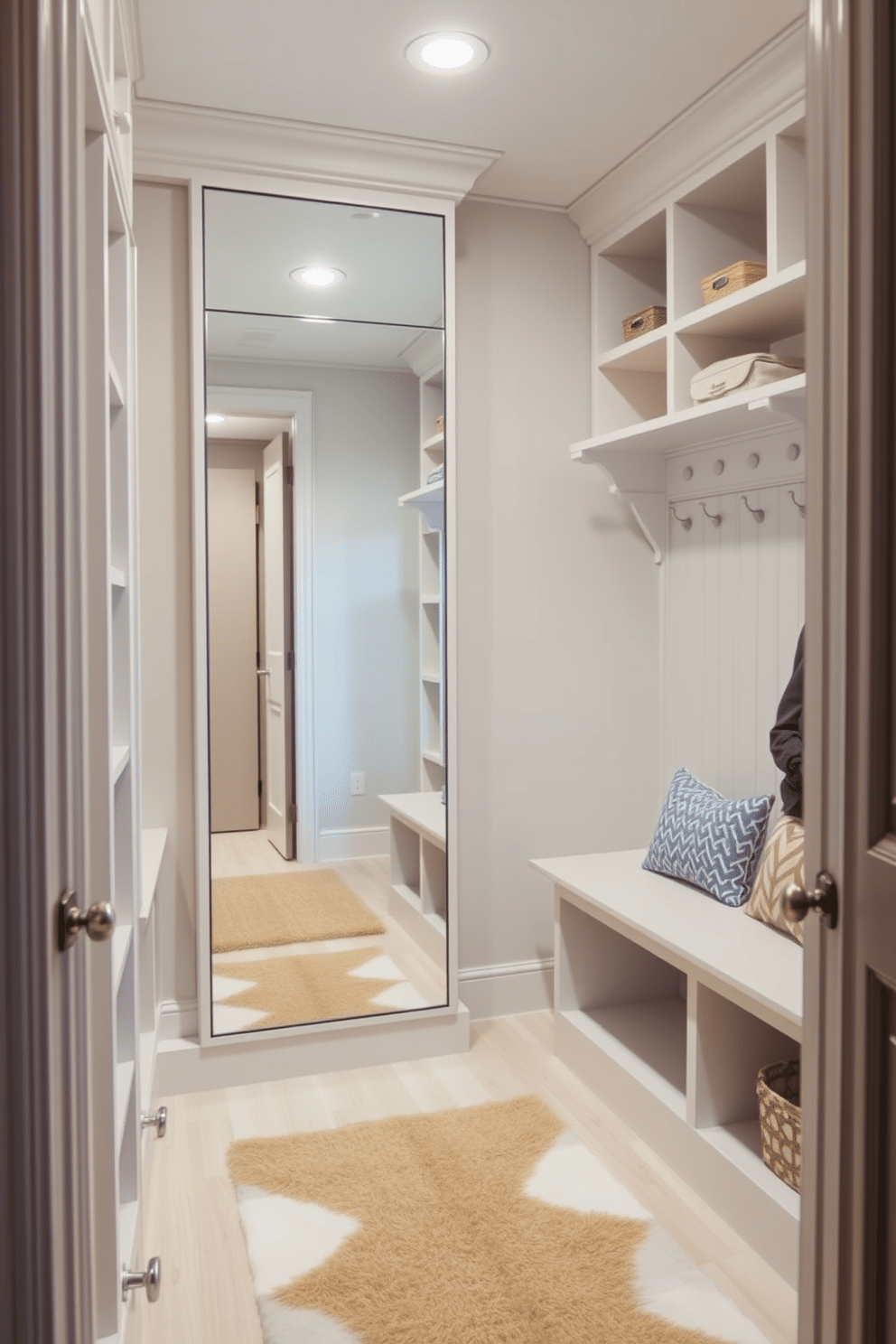 A stylish mudroom closet features a mirrored cabinet that adds a functional touch while enhancing the sense of space. The design incorporates built-in shelving and hooks for easy organization, with a bench for convenience and a soft rug to welcome guests.