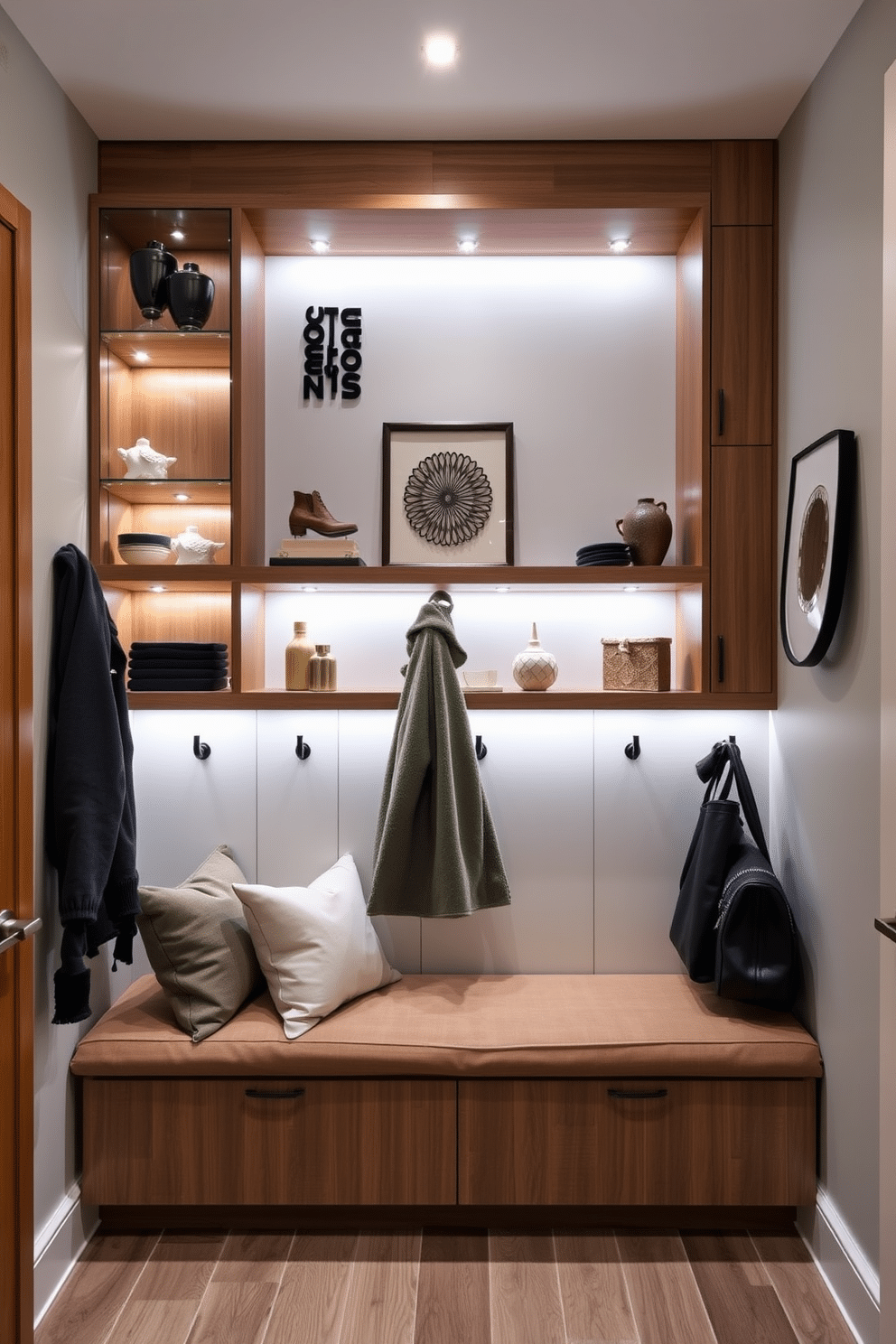 A modern mudroom featuring lighted display shelves elegantly showcasing decorative items. The shelves are crafted from sleek wood, illuminated by soft LED lights that highlight the textures and colors of the displayed pieces. The mudroom includes a built-in bench with plush cushions, providing a cozy seating area. Surrounding the bench are hooks for coats and bags, creating an organized and inviting entryway space.