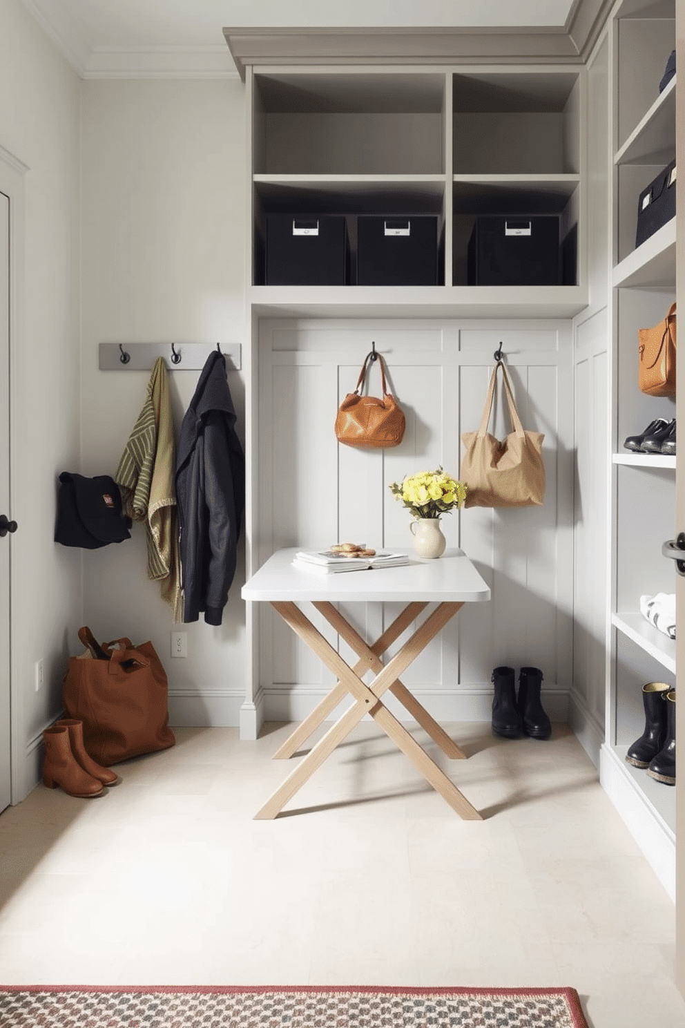 A modern mudroom featuring a fold-down table that can be easily tucked away when not in use, providing additional workspace for organization and activities. The walls are adorned with hooks for coats and bags, while built-in shelving offers stylish storage for shoes and outdoor gear.