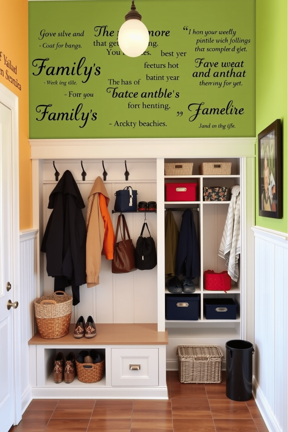 A mudroom with wall decals showcasing personalized family names and inspirational quotes. The space features built-in storage benches with hooks above for coats and bags, creating an inviting and organized entryway. The closet is designed with open shelving for easy access to shoes and accessories, complemented by decorative bins for smaller items. A vibrant color palette enhances the warmth of the room, while the wall decals add a unique and personal flair.