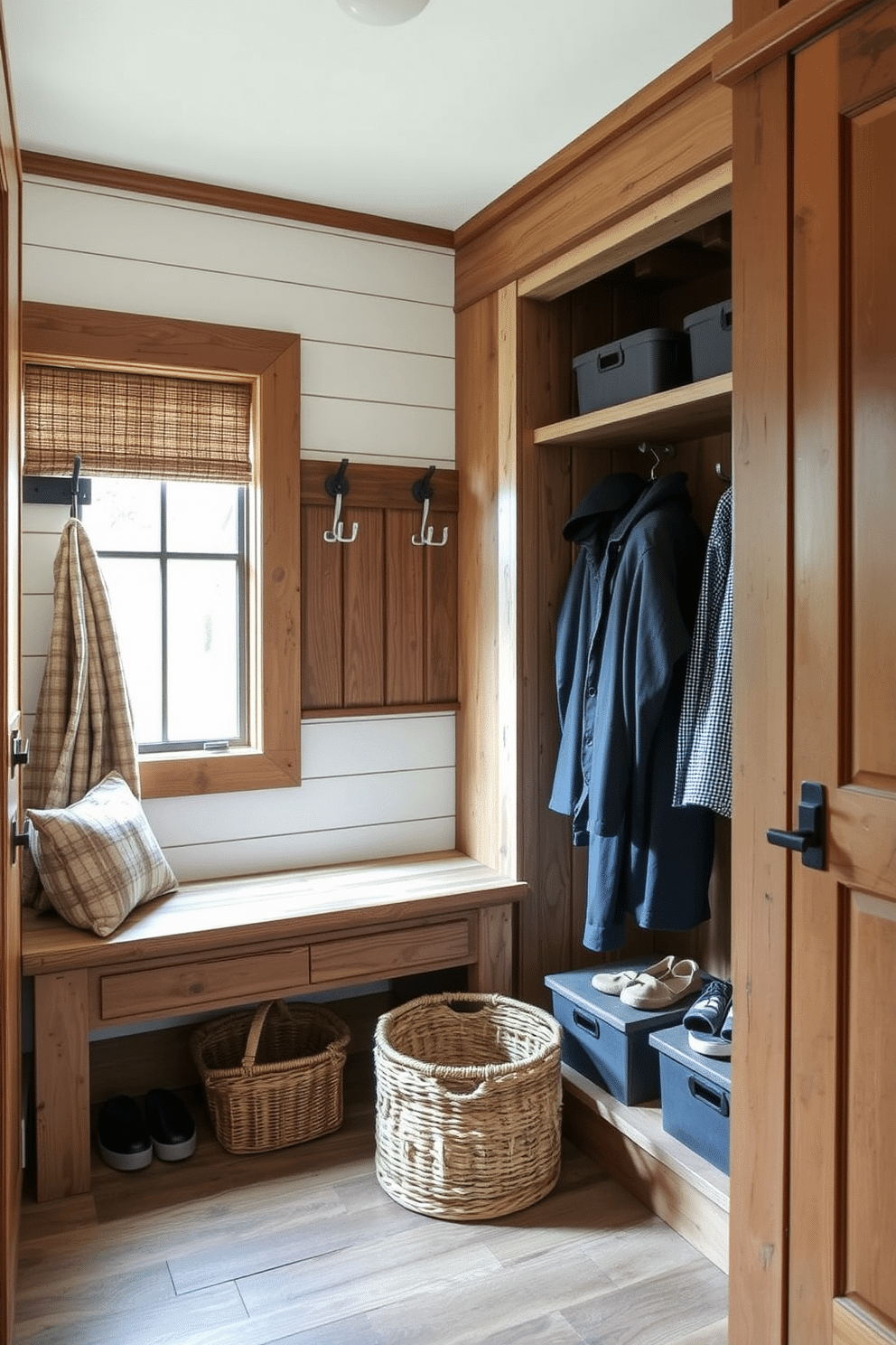 A cozy mudroom featuring rustic wood accents, with a bench made of reclaimed wood and hooks for hanging coats. The walls are adorned with shiplap, and a woven basket sits on the floor for shoes, creating an inviting and functional space. The closet area includes open shelving made from distressed wood, displaying neatly organized storage bins and seasonal items. A large window allows natural light to flood the space, enhancing the warm, rustic atmosphere.