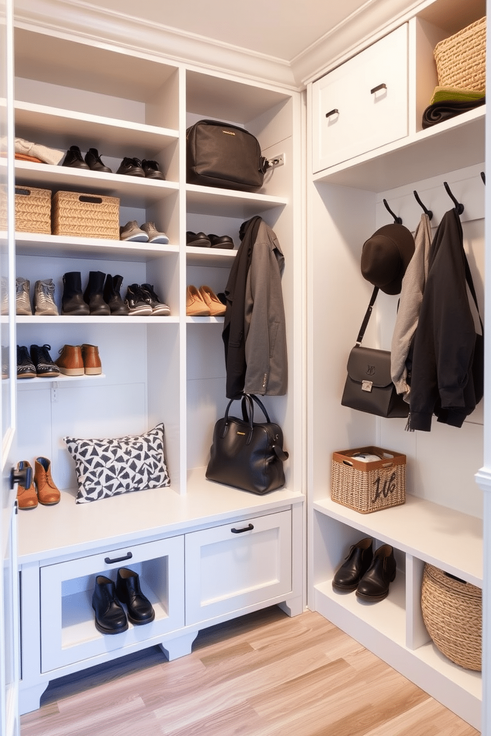 A functional mudroom closet features open shelving for easy access to frequently used items, such as shoes and bags. The design incorporates a bench for seating, allowing for convenient shoe removal, while hooks above the bench provide a place for coats and hats.