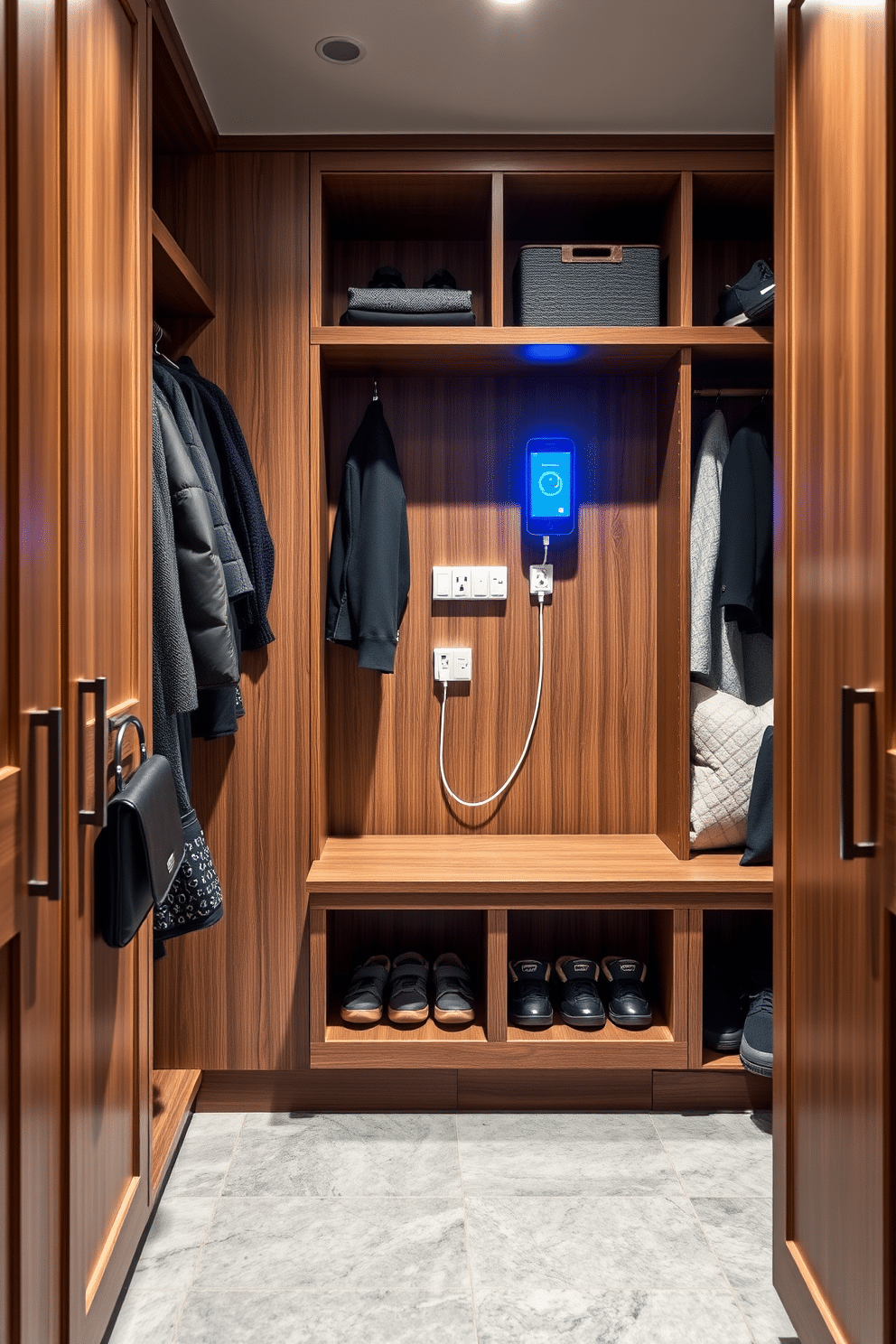 A modern mudroom closet features a built-in charging station for devices, seamlessly integrated into the cabinetry. The space includes ample storage with hooks for coats, cubbies for shoes, and a bench for convenience, all finished in a warm wood tone. The charging station is designed with multiple outlets and USB ports, ensuring easy access for all devices. Soft, ambient lighting highlights the organized space, while a durable, stylish floor adds both functionality and aesthetic appeal.