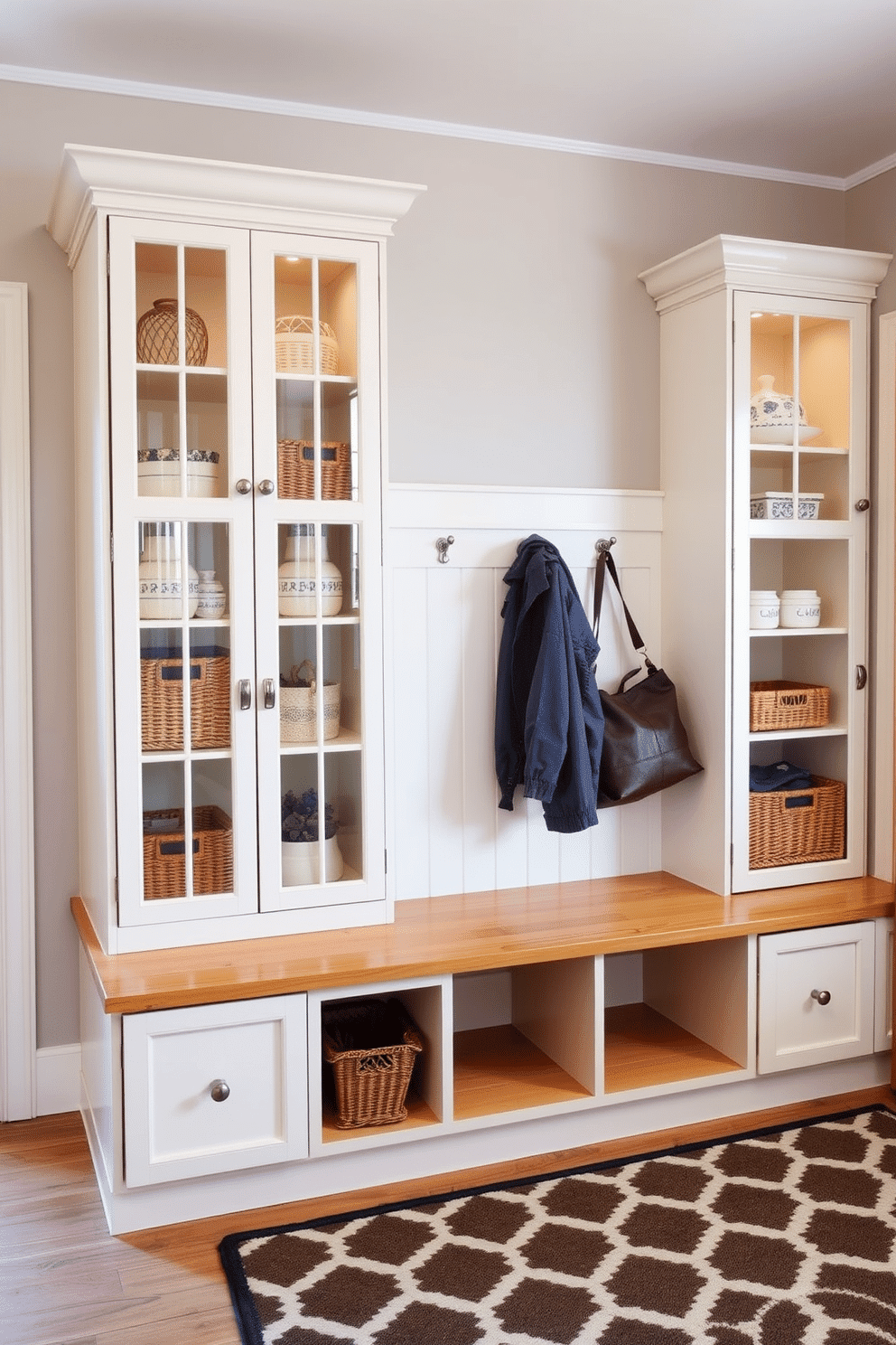 A modern mudroom featuring glass-front cabinets for stylish storage. The cabinets are filled with neatly organized baskets and decorative items, creating an inviting and functional space. The walls are painted in a soft gray, complementing the warm wooden bench beneath the cabinets. A patterned rug adds a touch of color, while hooks above the bench hold jackets and bags for easy access.