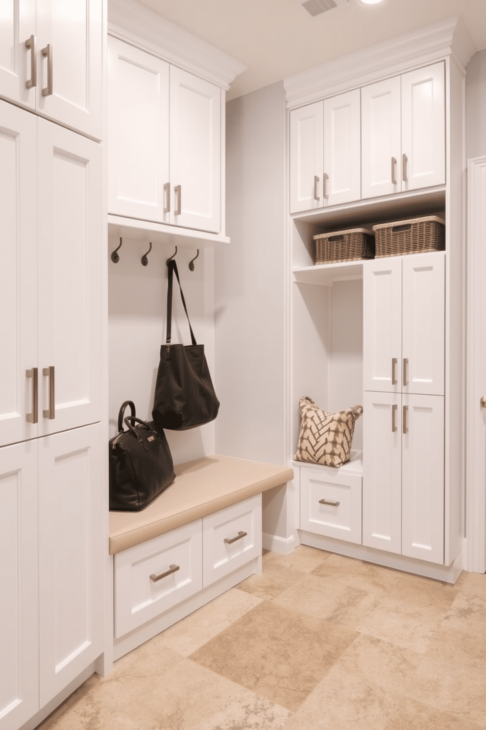 A spacious mudroom features floor-to-ceiling storage cabinets, crafted from sleek white cabinetry with brushed nickel handles. The design incorporates a built-in bench with soft, cushioned seating, providing a practical space for removing shoes. The walls are painted in a light gray hue, enhancing the room's brightness, while the floor is covered with durable, textured tiles for easy maintenance. Above the bench, hooks are installed for hanging coats and bags, and decorative baskets are neatly arranged on the shelves for added organization.