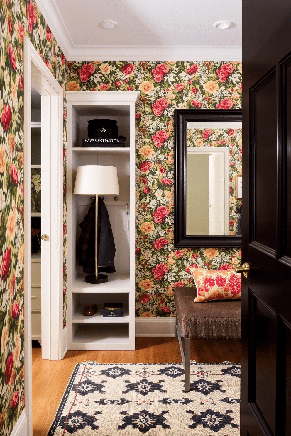 Accent wall with wallpaper for flair. The wall is adorned with a bold floral wallpaper, creating a vibrant focal point in the room. Complementing the wallpaper, a sleek console table sits below, topped with decorative items and a stylish lamp. Mudroom closet design ideas. The space features built-in shelving and hooks for coats, with a bench for seating. A patterned rug adds warmth, while a large mirror reflects light and enhances the functionality of the area.