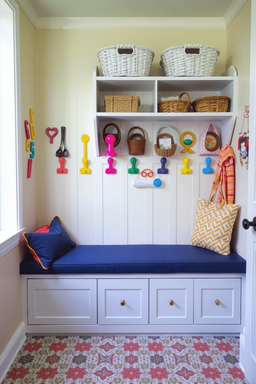 A vibrant mudroom closet features colorful hooks in various shapes and sizes, adding a playful touch to the space. The walls are painted in a soft, neutral tone to enhance the brightness of the hooks, while a durable bench with storage underneath provides functionality and comfort. The floor is adorned with a patterned tile that complements the colorful accents, creating an inviting atmosphere. Shelves above the hooks display decorative baskets for organization, ensuring the area remains tidy and visually appealing.