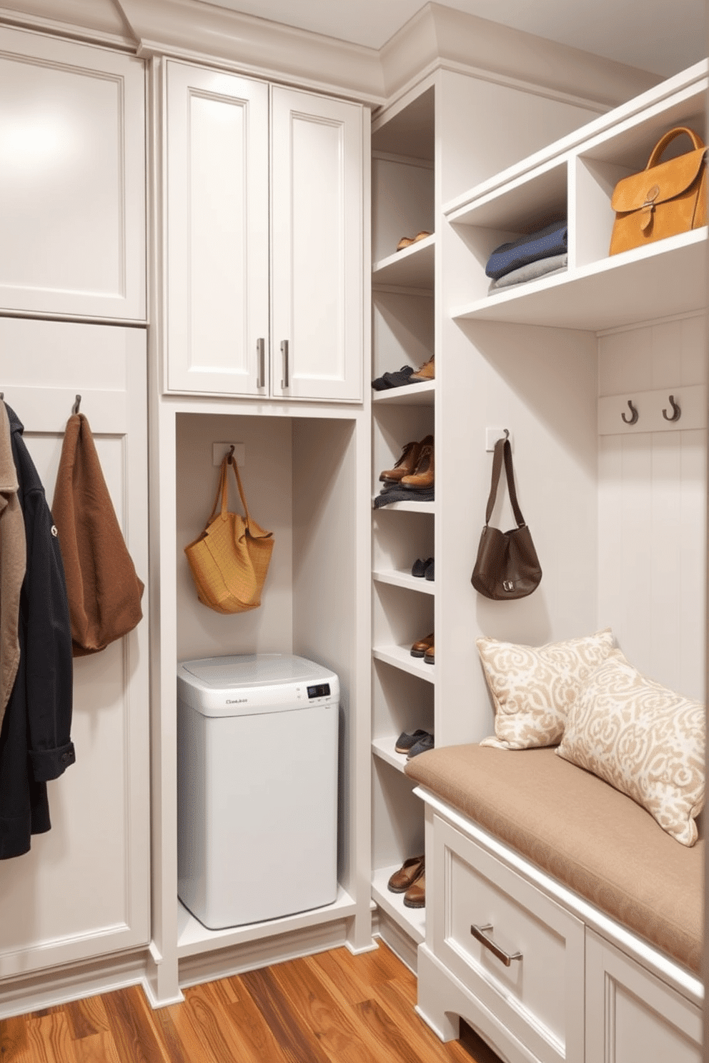 A hidden laundry hamper is cleverly integrated into the mudroom design, providing a seamless and convenient solution for managing laundry. The space features built-in cabinetry with a stylish finish, ensuring that the hamper remains discreet while maintaining easy access. The mudroom closet is designed with a combination of open shelving and closed storage, allowing for organized storage of shoes and outerwear. A bench with cushioned seating adds comfort, while hooks for coats and bags enhance functionality and style.